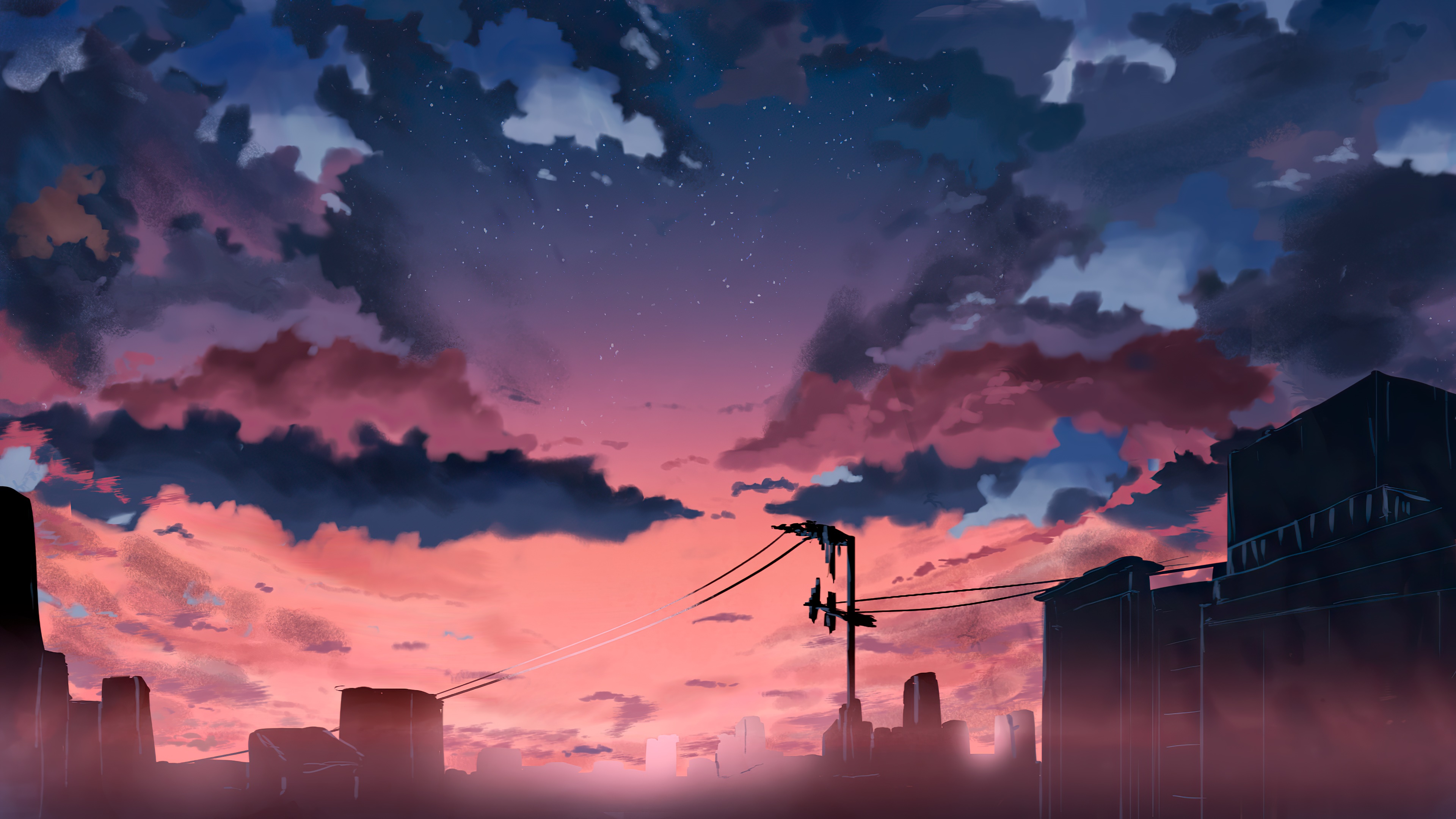 Anime city skyline at sunset with dramatic clouds HD Wallpaper