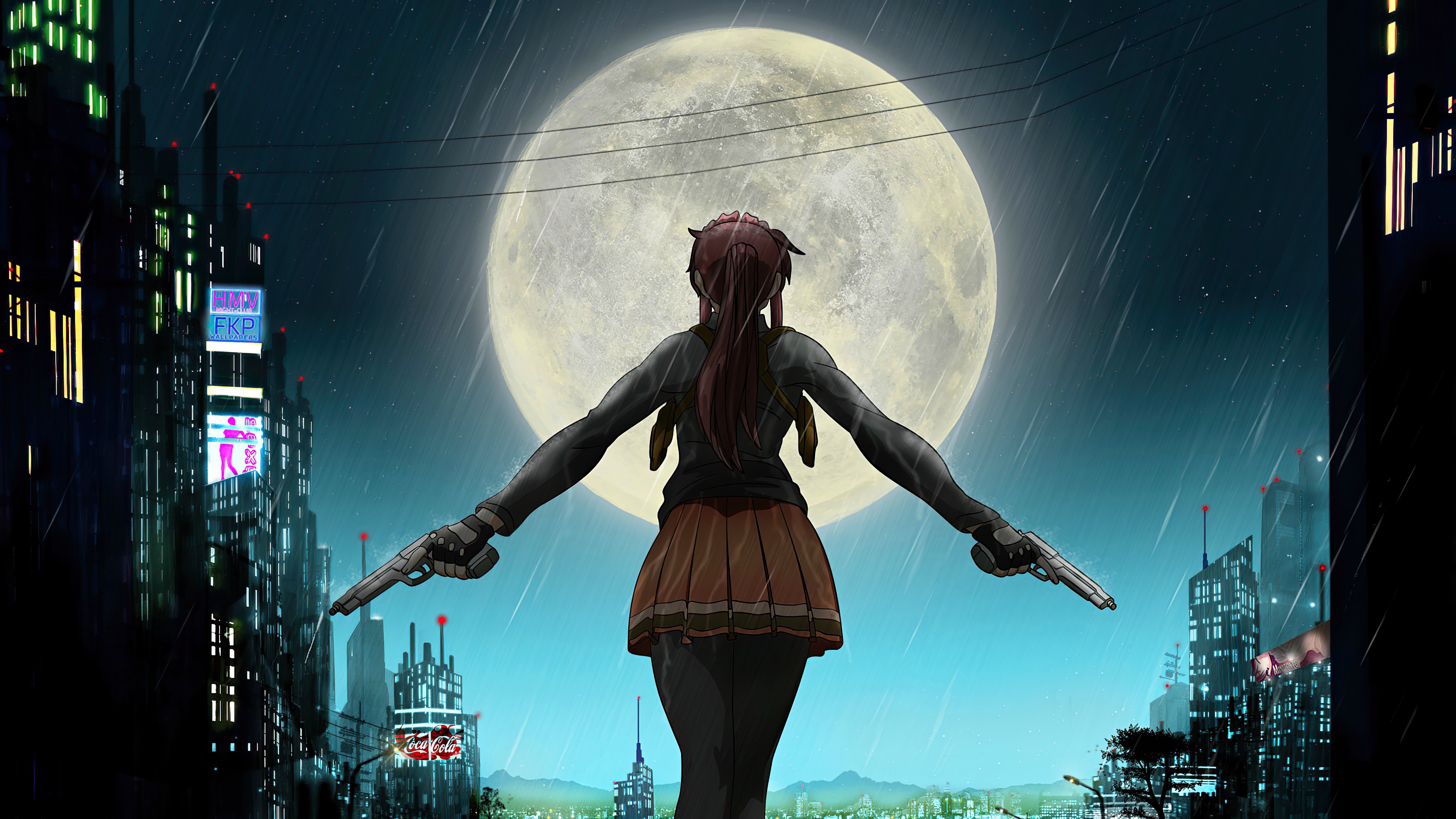 Girl with pistols under the moon in a city HD Wallpaper