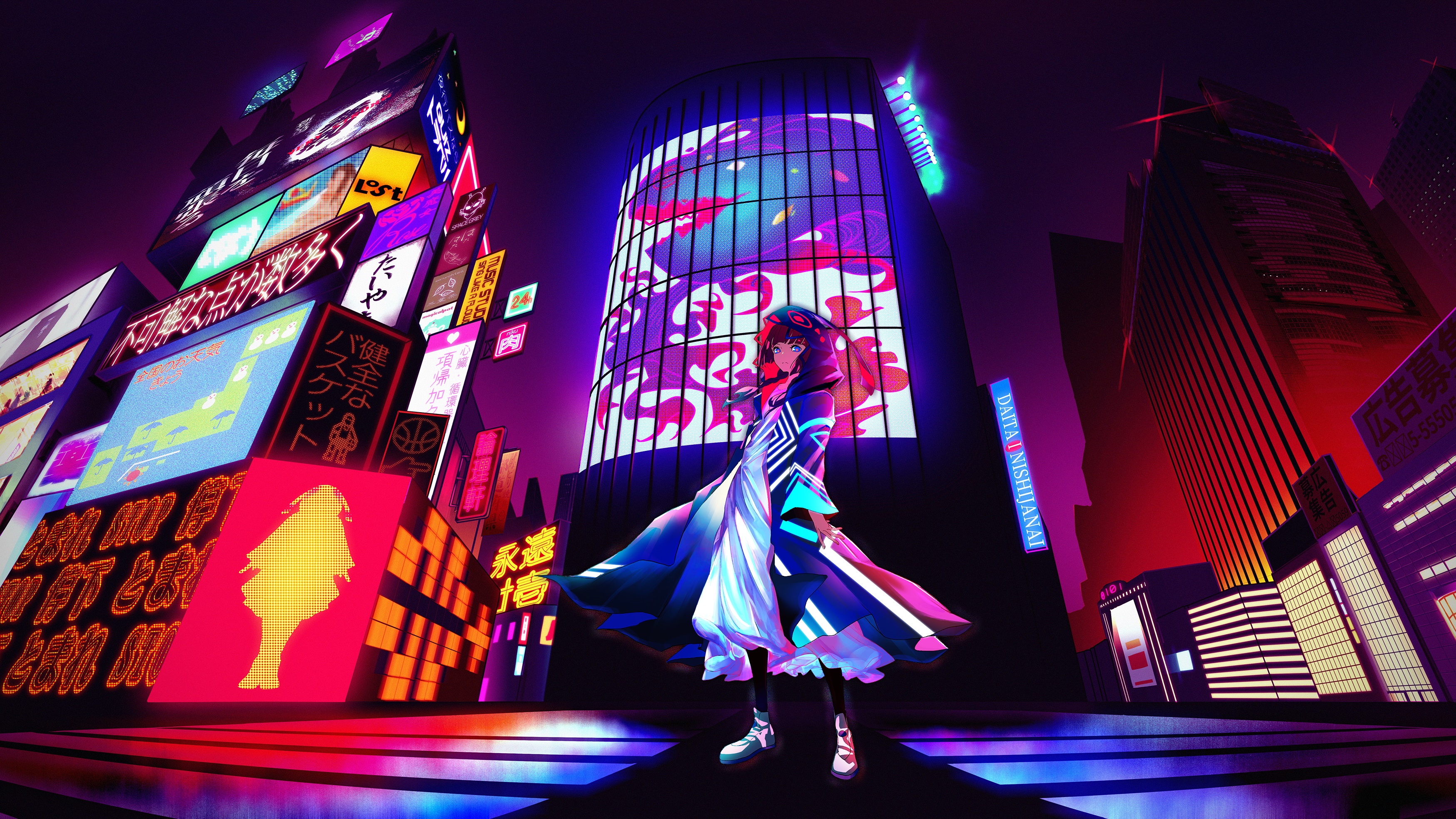 Anime girl in futuristic city with neon signs HD Wallpaper