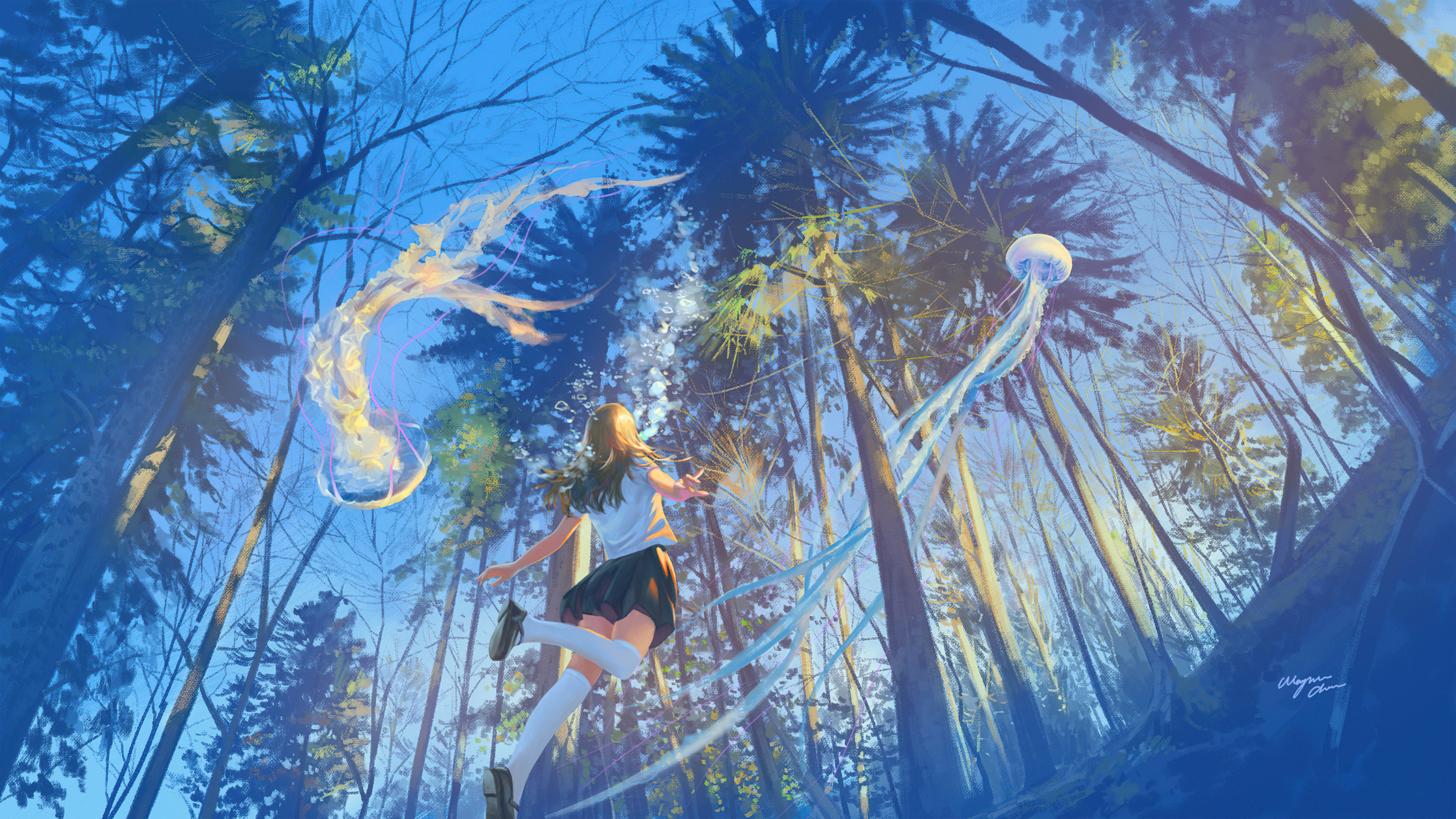 Girl and Jellyfish in Forest 4K HD Wallpaper