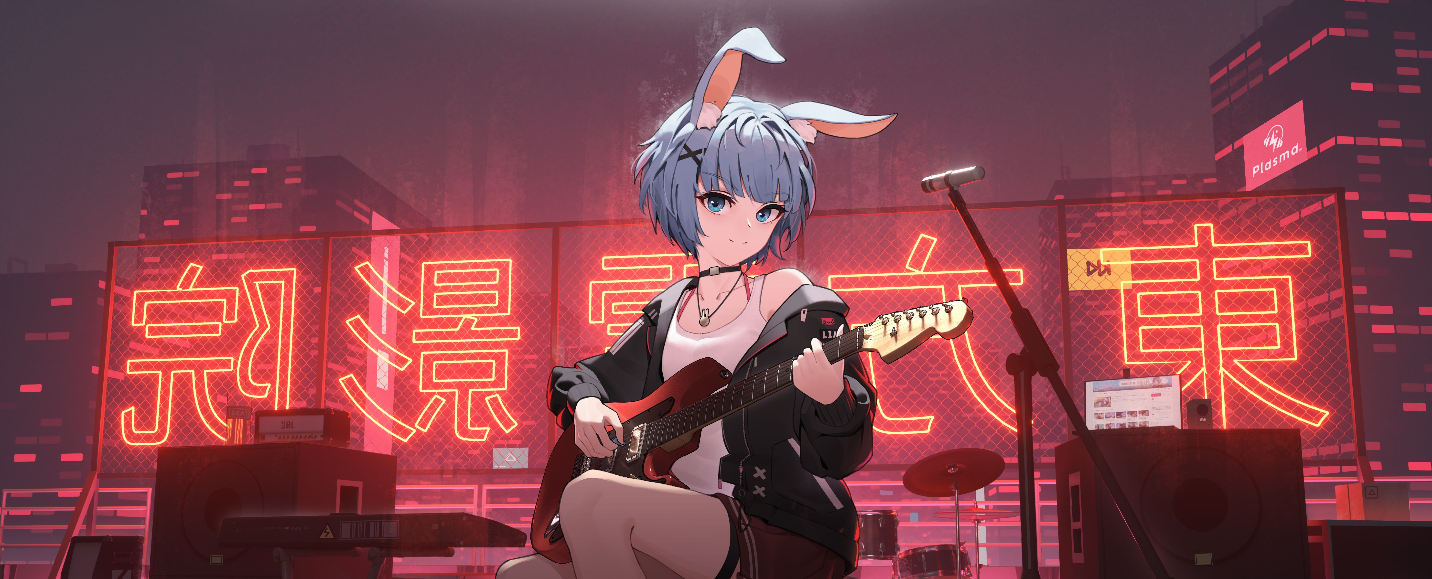 Anime girl with bunny ears playing guitar in front of neon signs HD Wallpaper