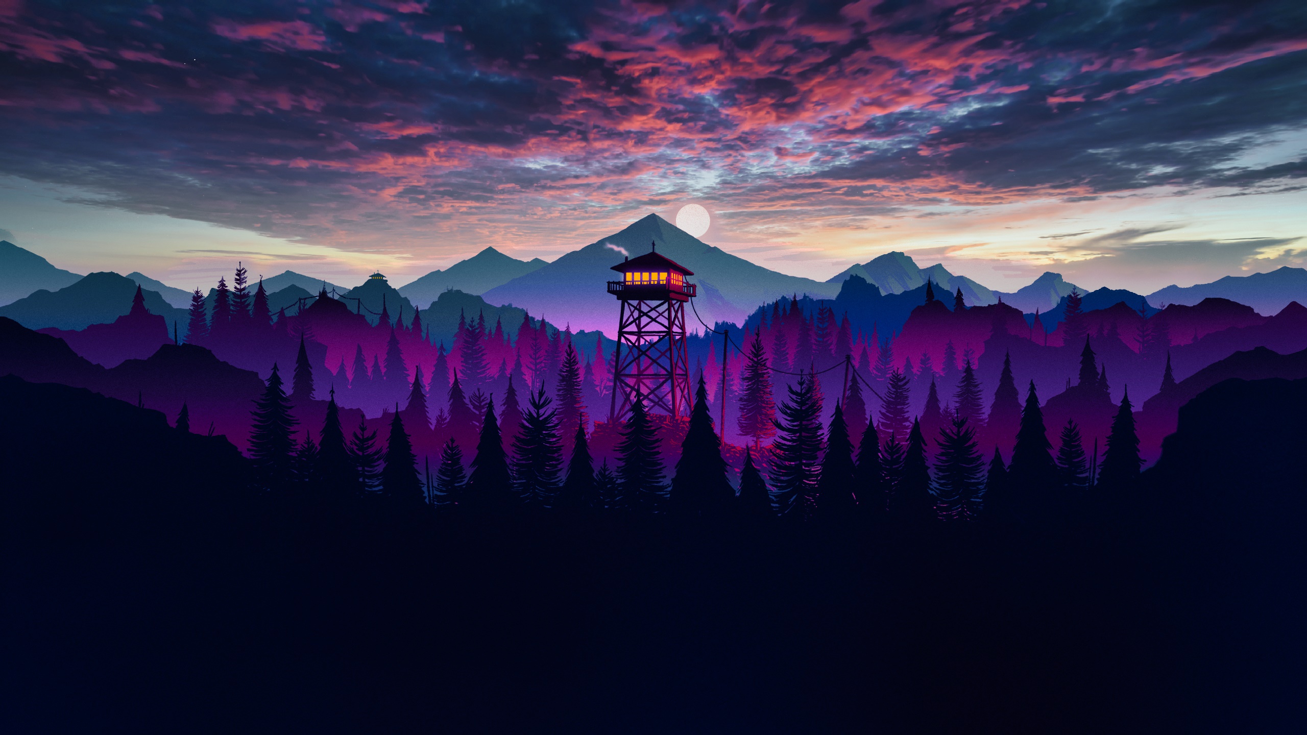 Firewatch tower in a purple forest at sunset HD Wallpaper