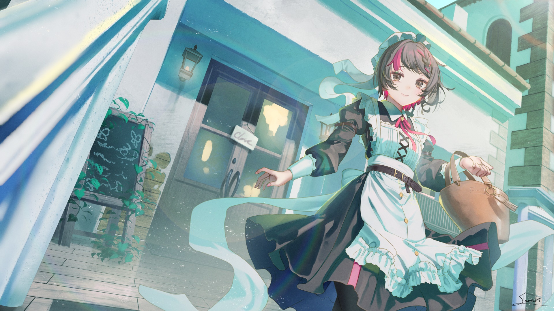 Maid girl with a basket outside a shop HD Wallpaper