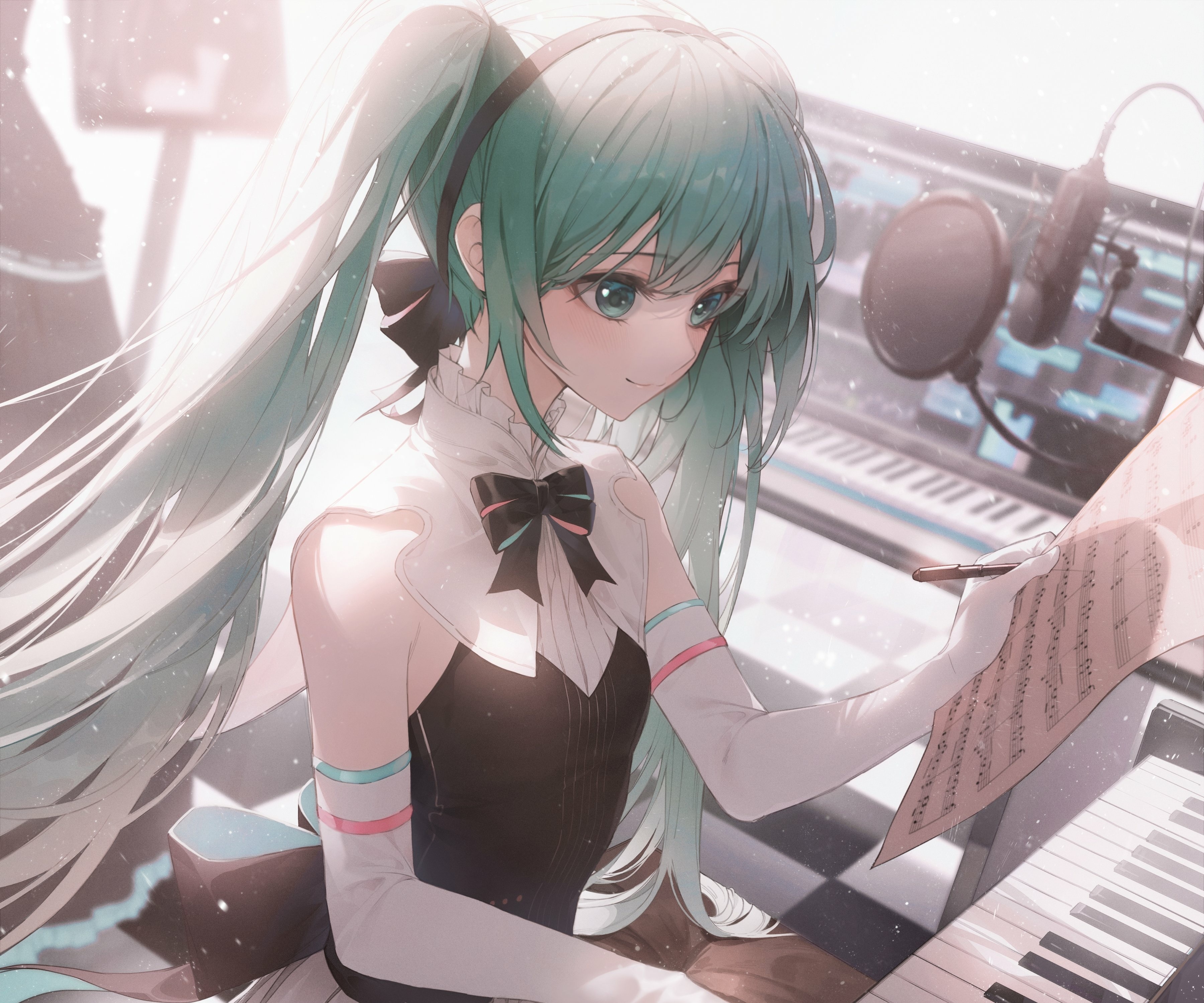Hatsune Miku composing music at a keyboard HD Wallpaper