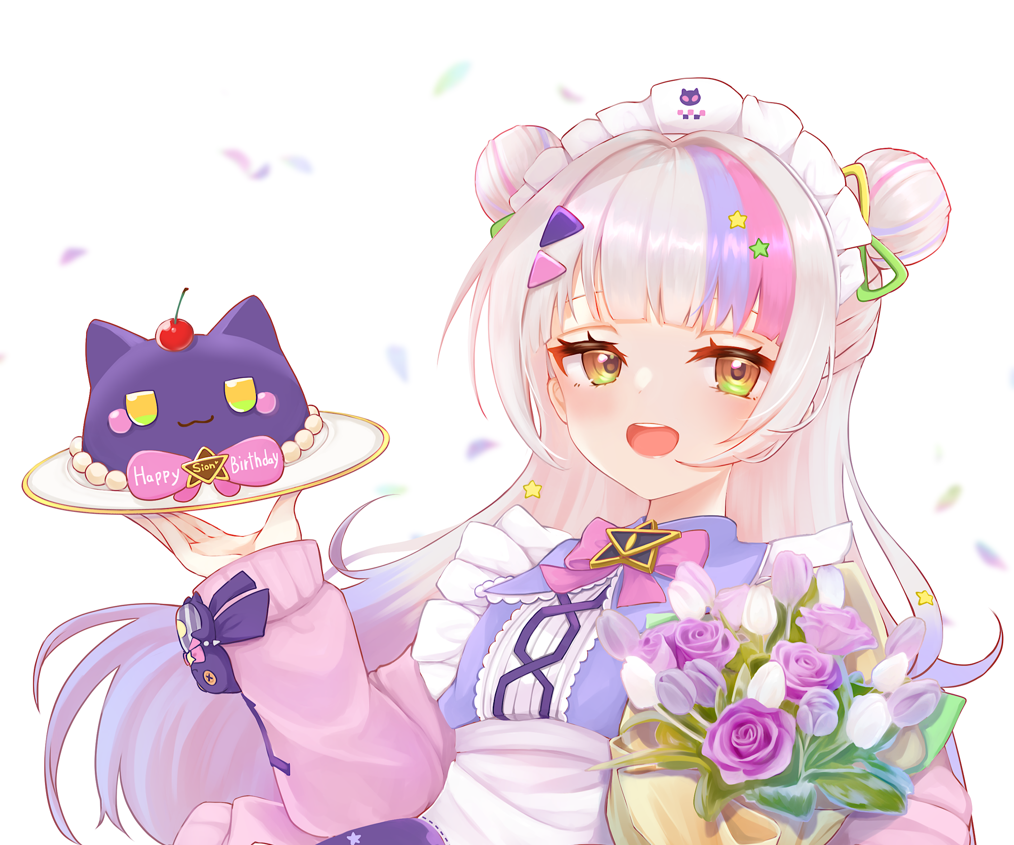 Murasaki Shion from Hololive holding a birthday cake and flowers HD Wallpaper