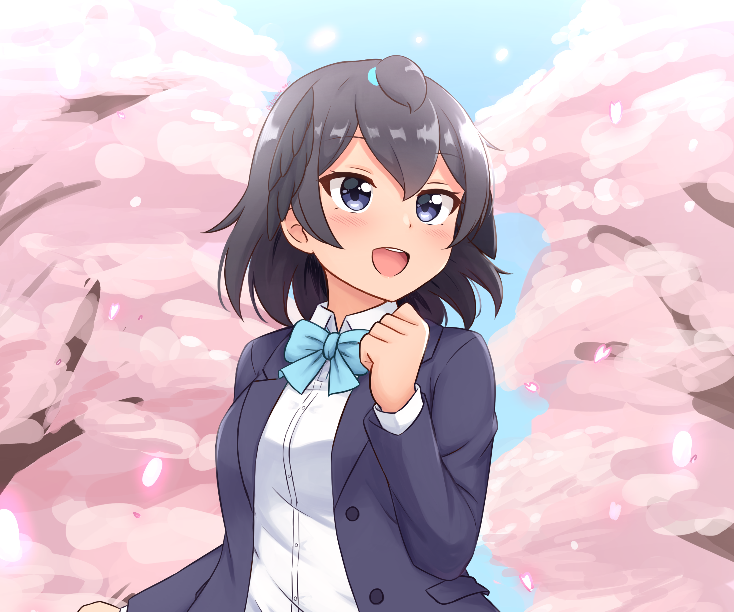 Girl in School Uniform with Cherry Blossoms HD Wallpaper