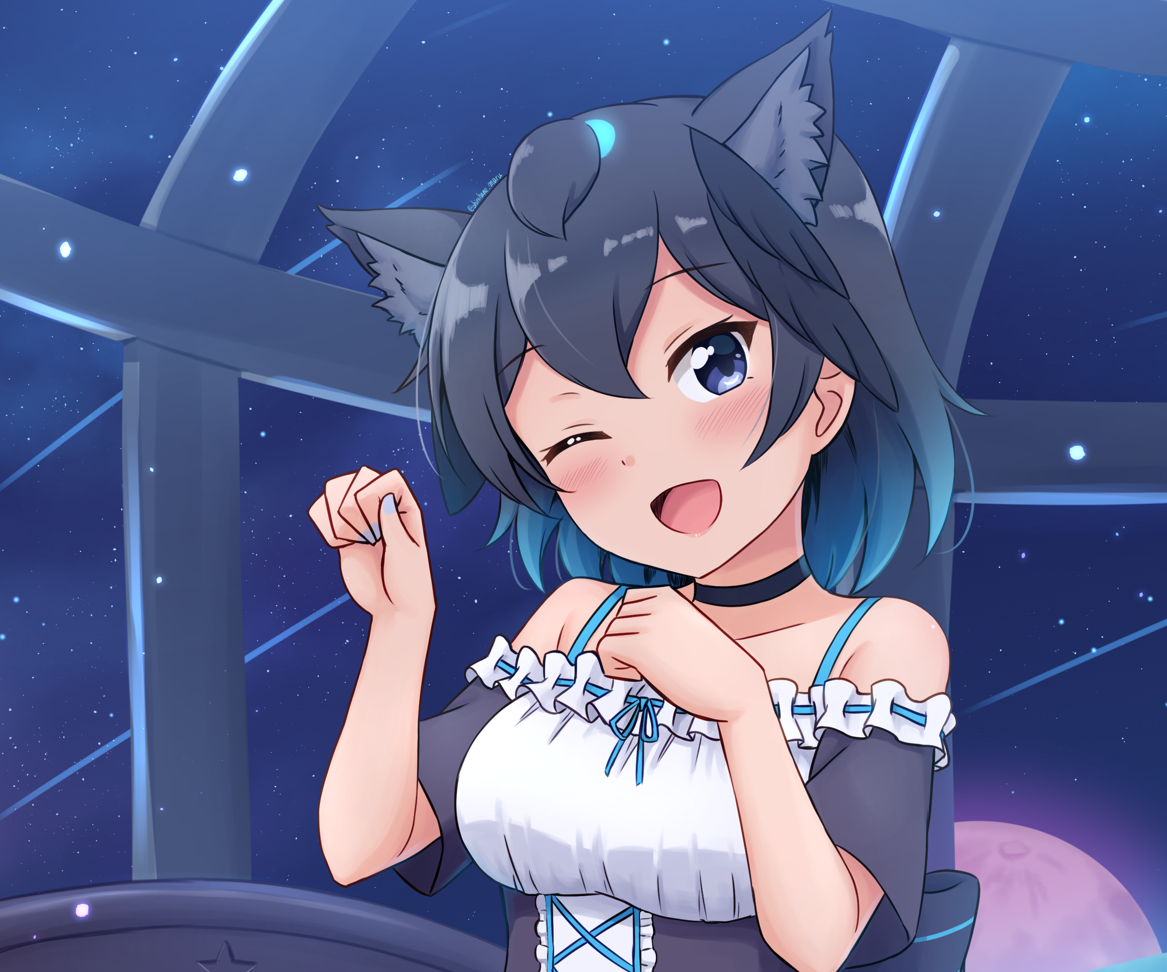 Anime girl with cat ears winks in front of starry sky HD Wallpaper