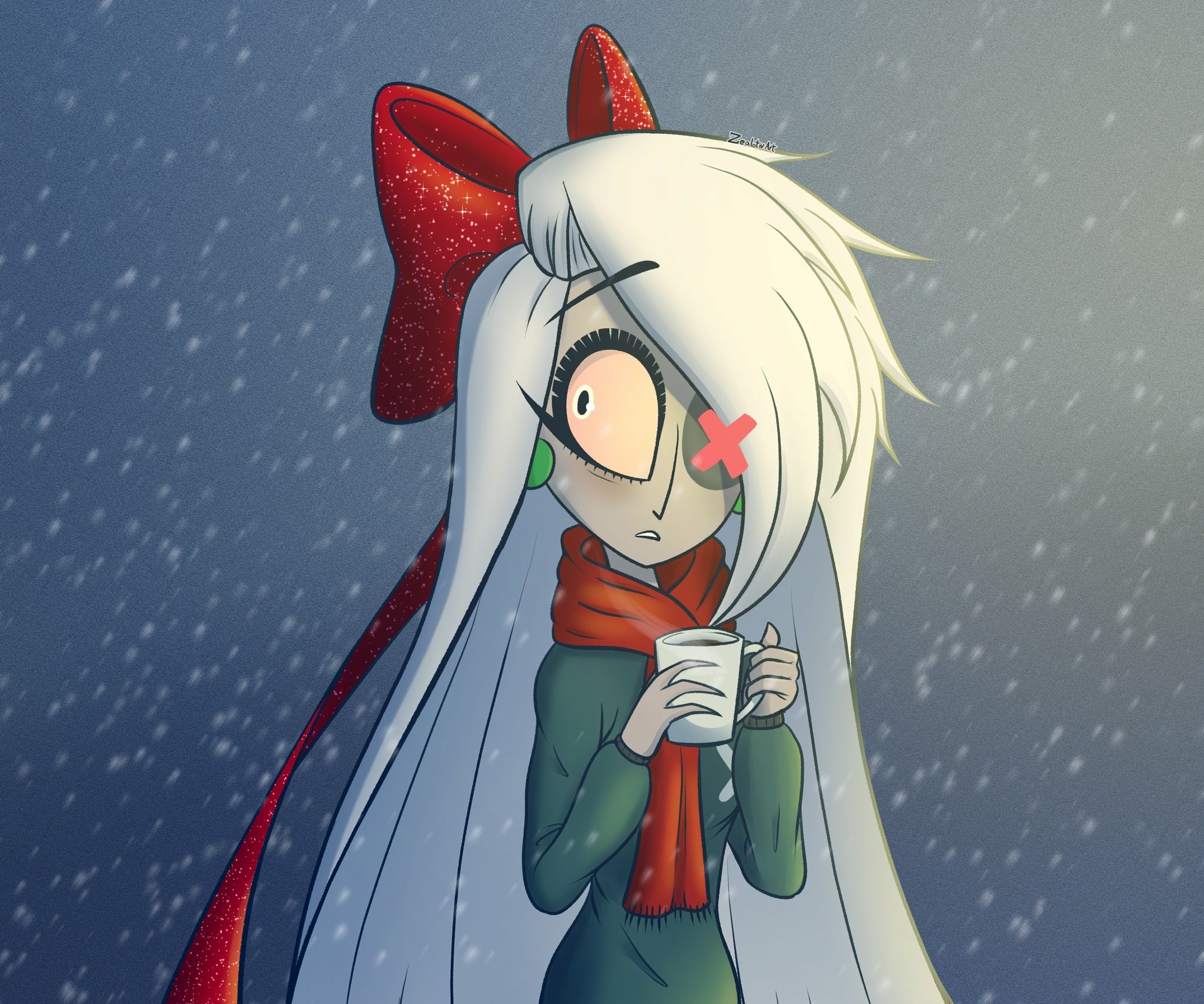 Vaggie from Hazbin Hotel holding a mug in the snow HD Wallpaper