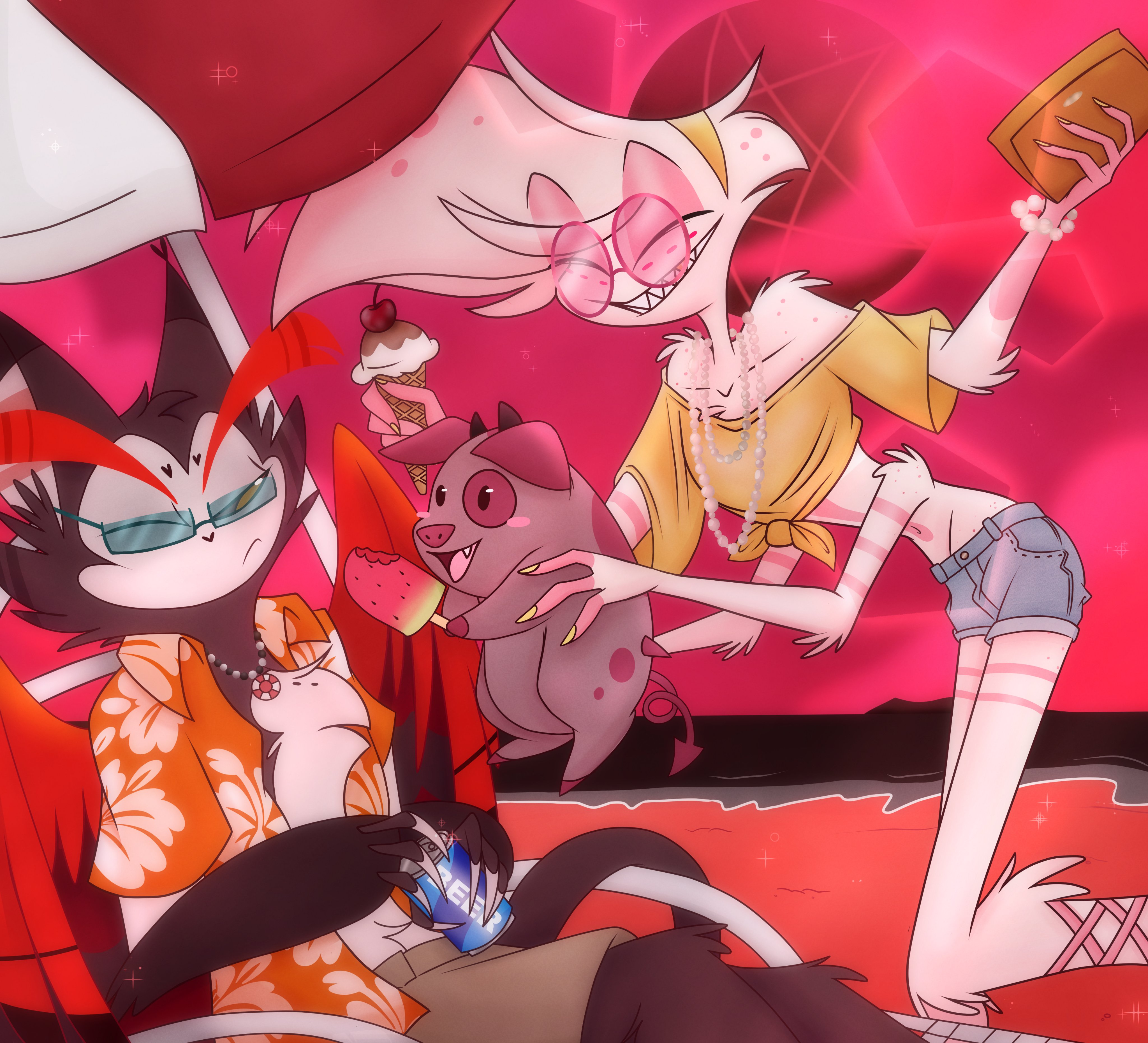 Hazbin Hotel characters on a beach HD Wallpaper