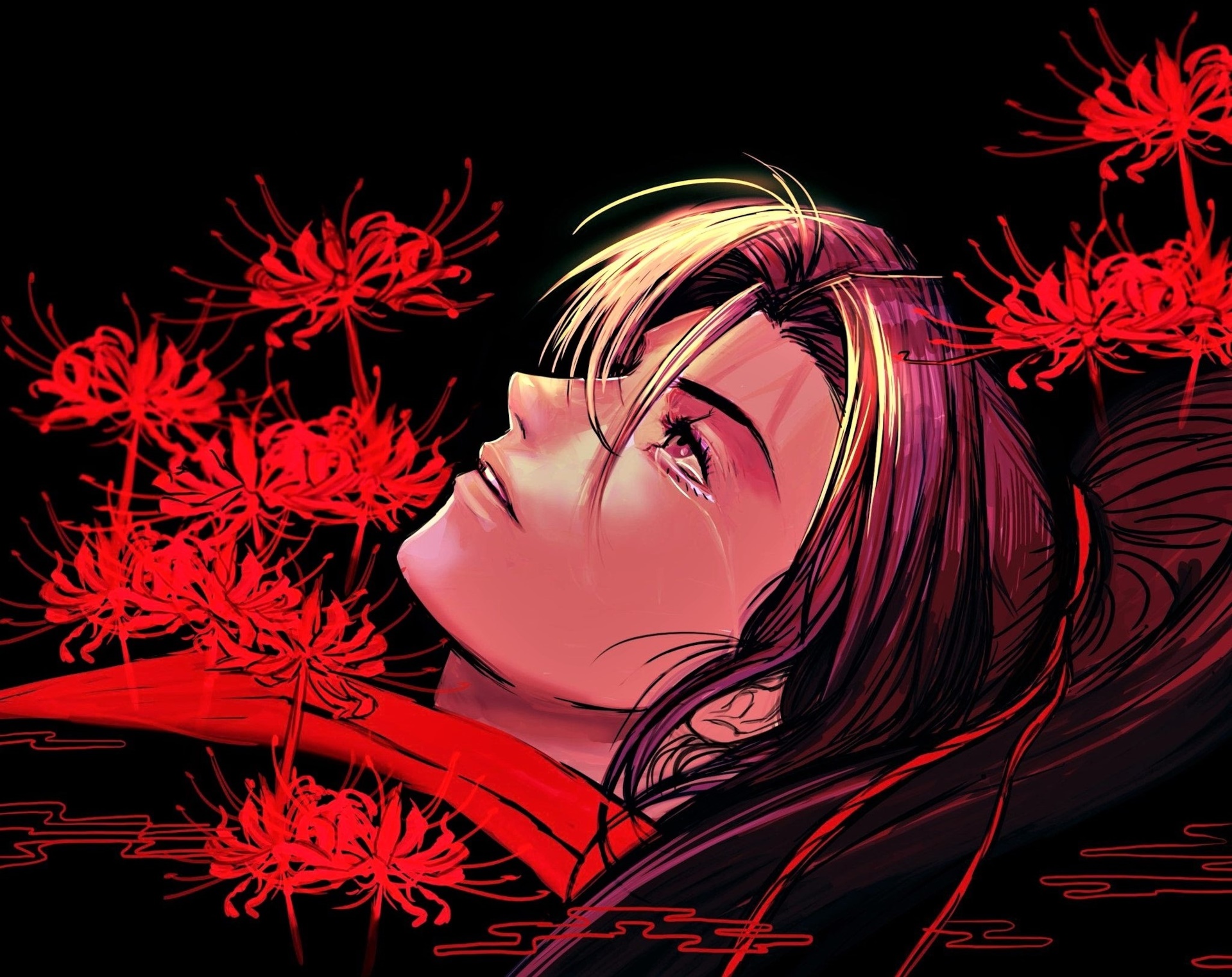 Wei Wuxian from Mo Dao Zu Shi crying among red spider lilies HD Wallpaper