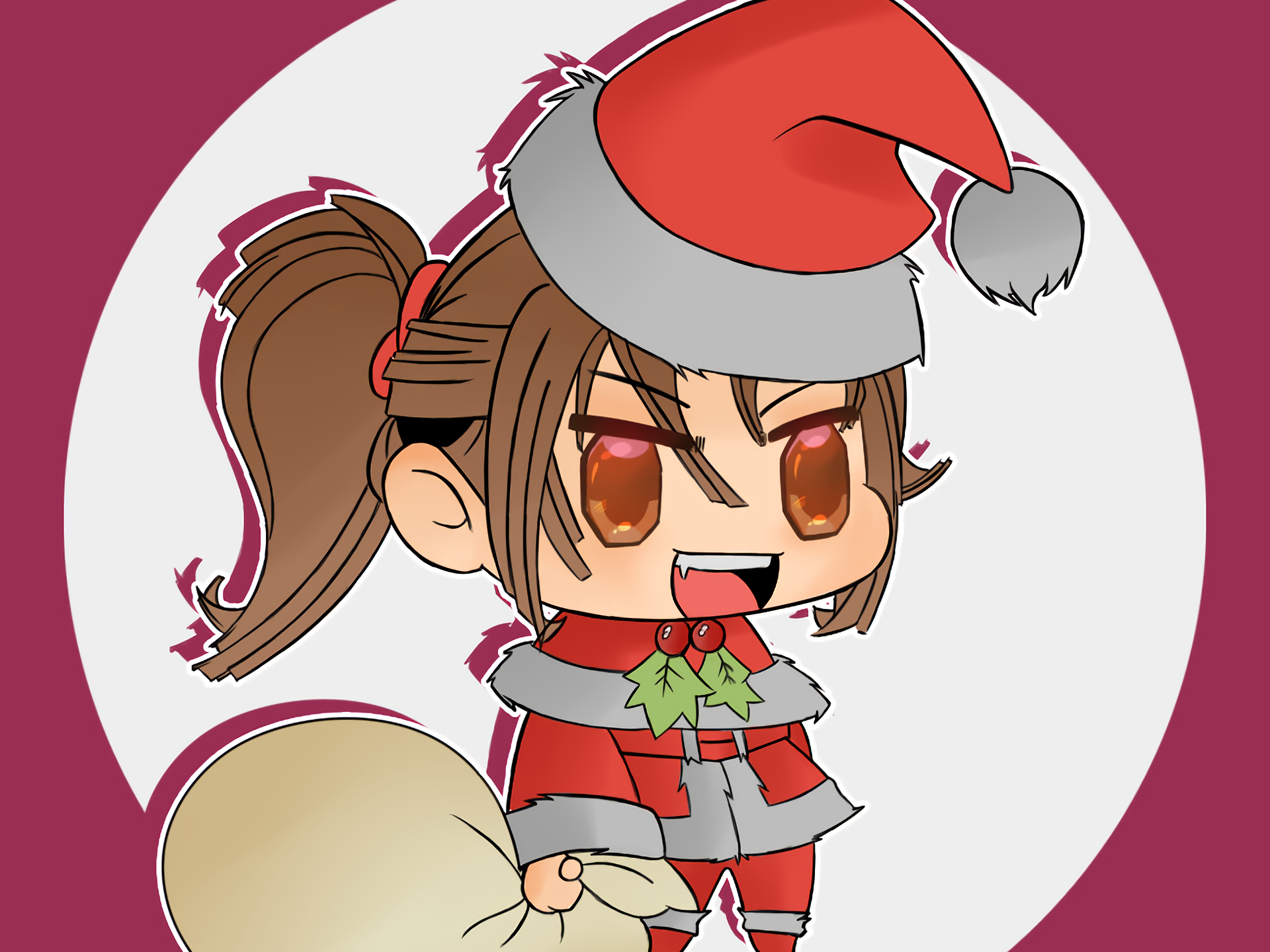 Chibi girl in Santa outfit with gift bag HD Wallpaper