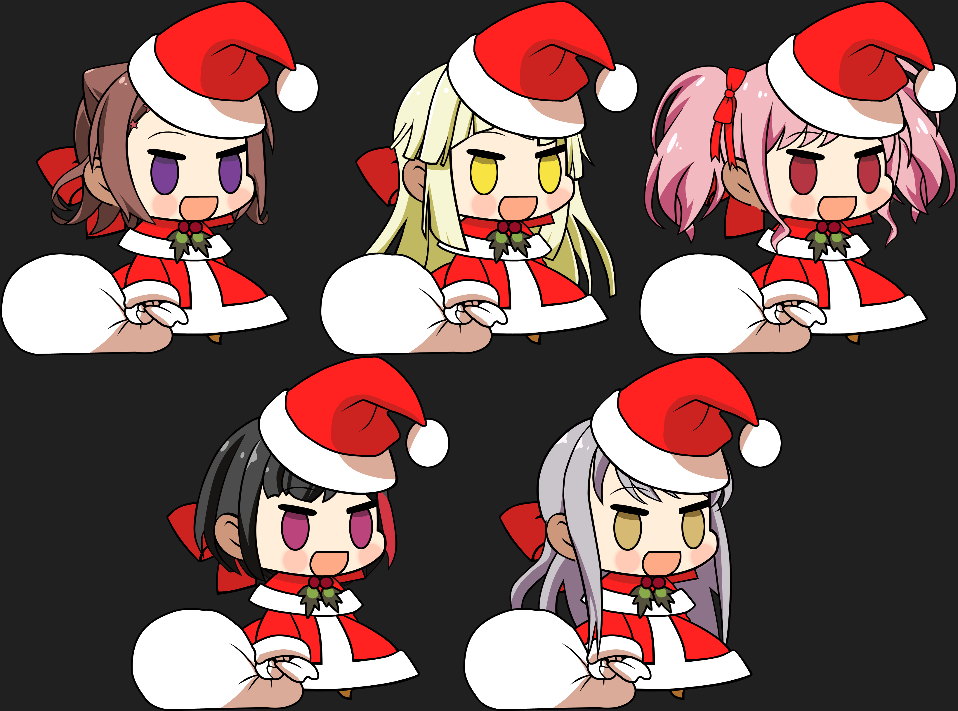 Five anime girls in Santa outfits with gift bags HD Wallpaper