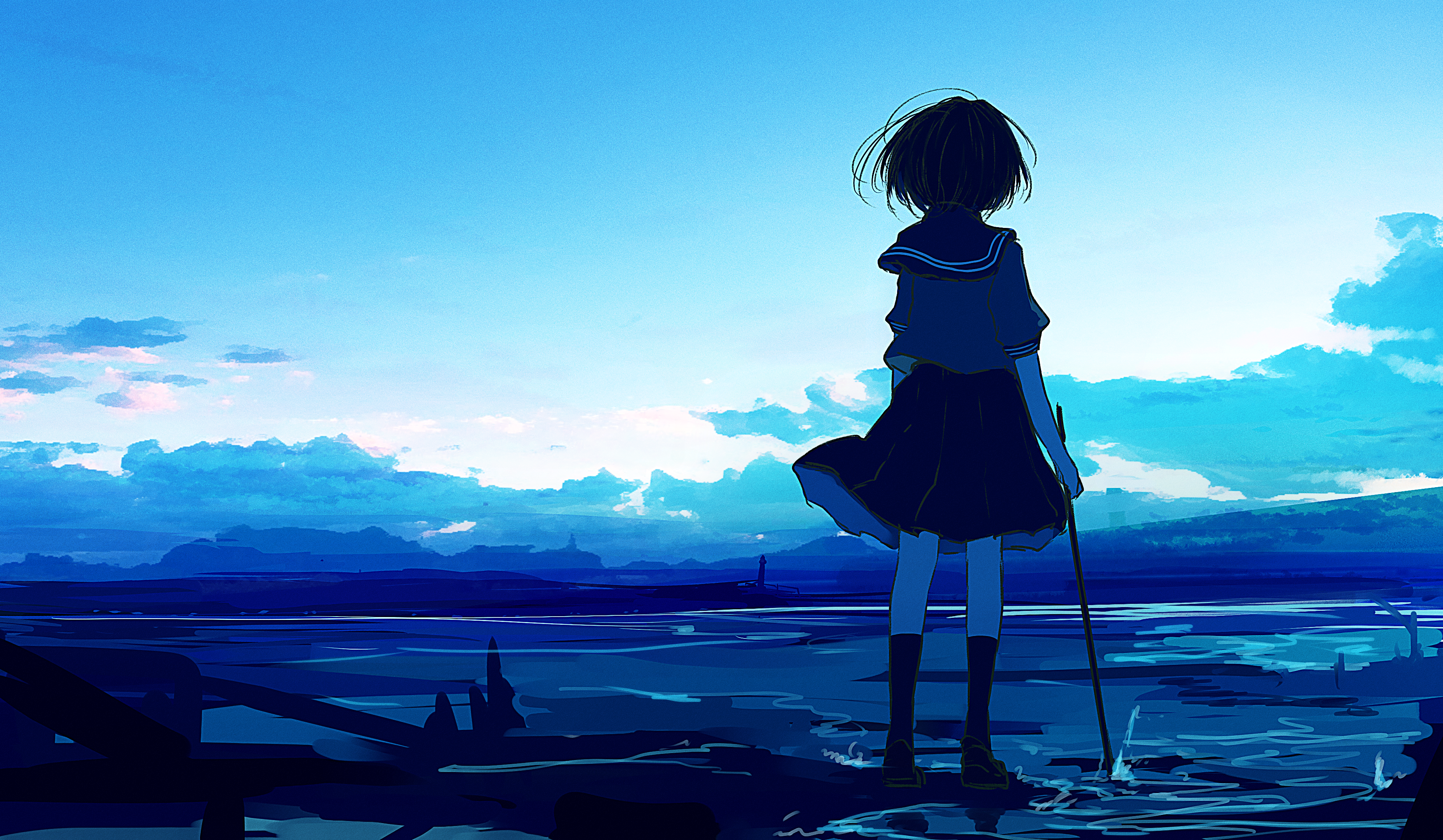Girl in School Uniform by the Water HD Wallpaper