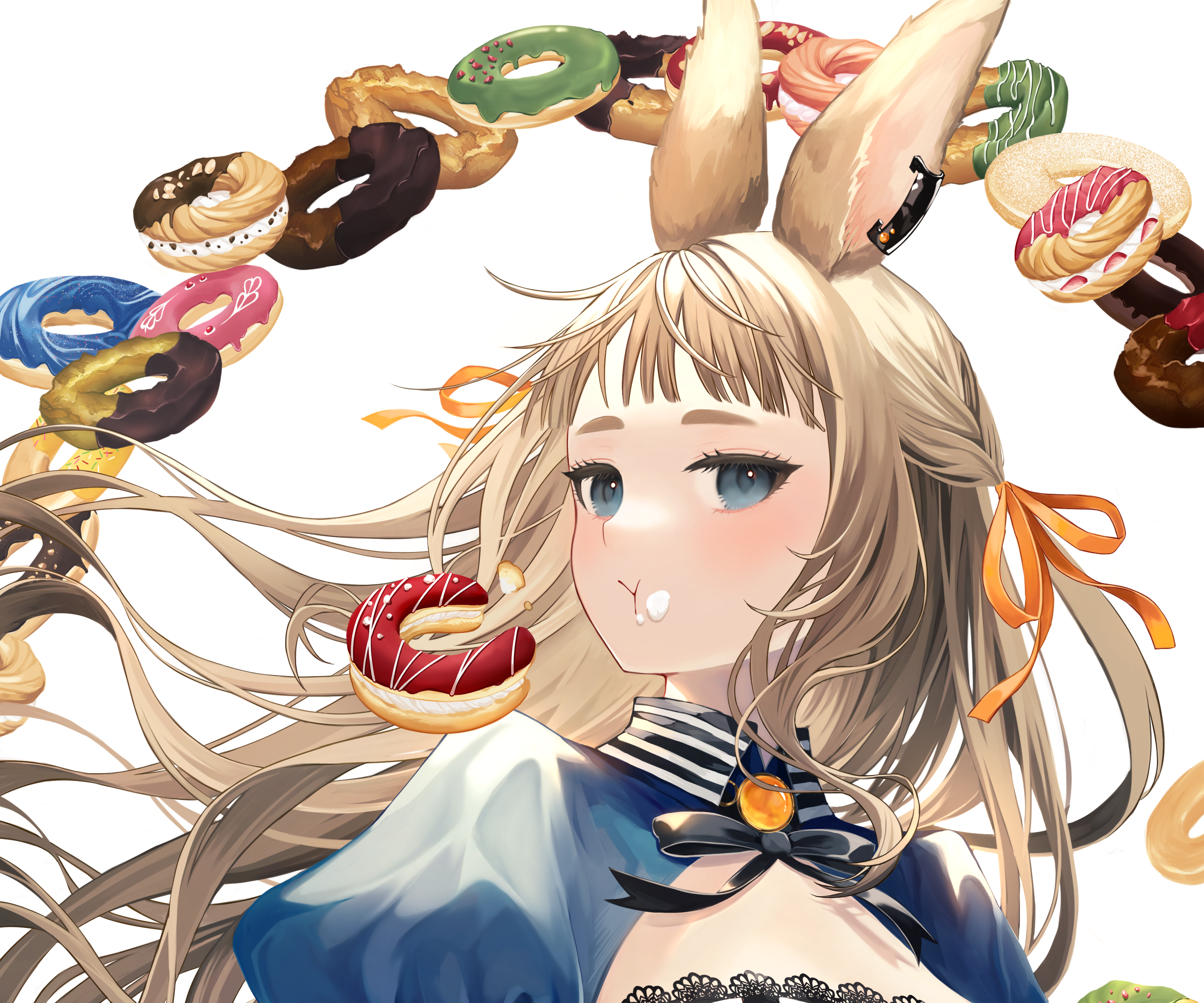 Girl with bunny ears surrounded by donuts HD Wallpaper