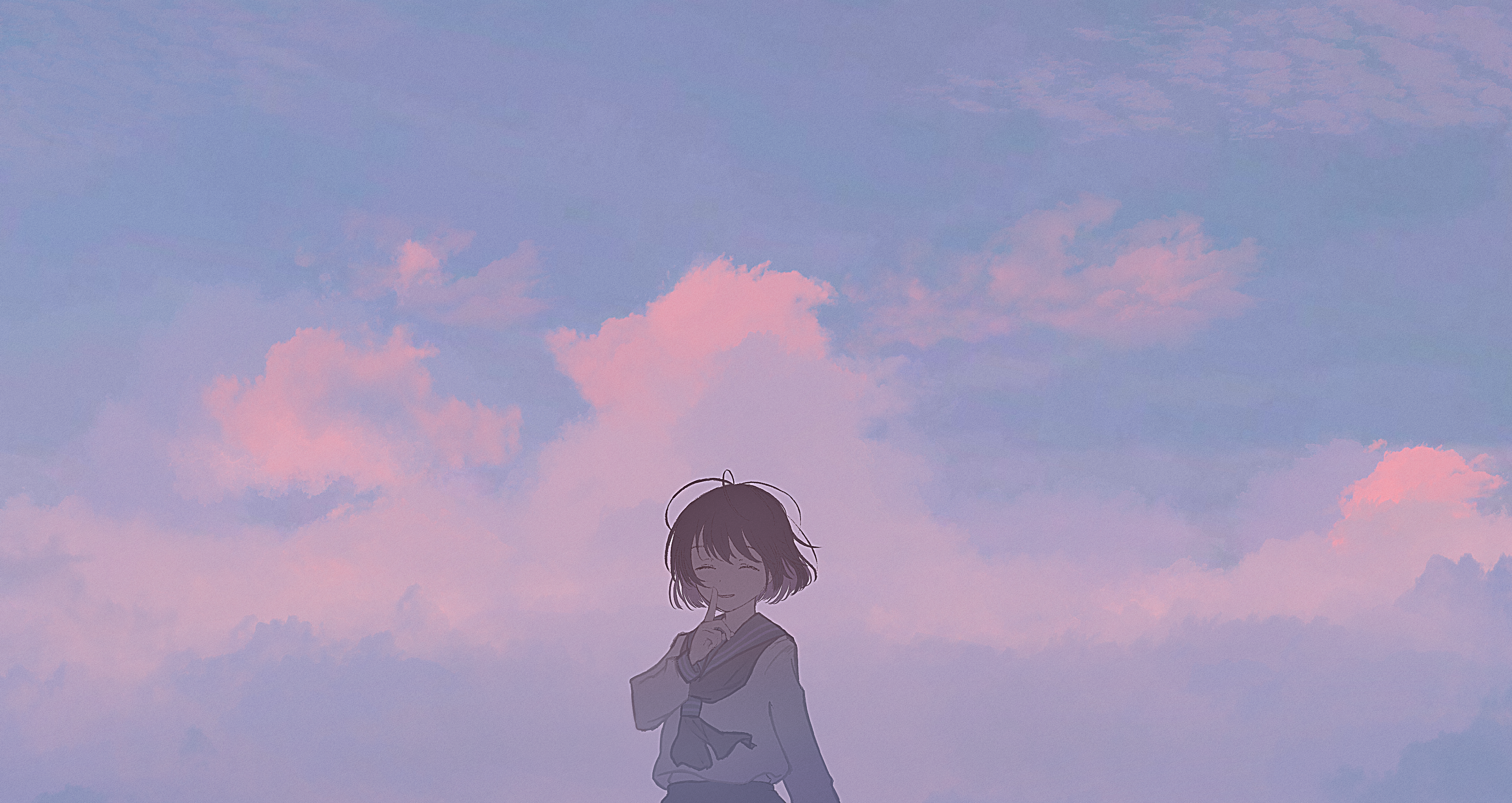 Girl in School Uniform Against Pink and Blue Sky HD Wallpaper