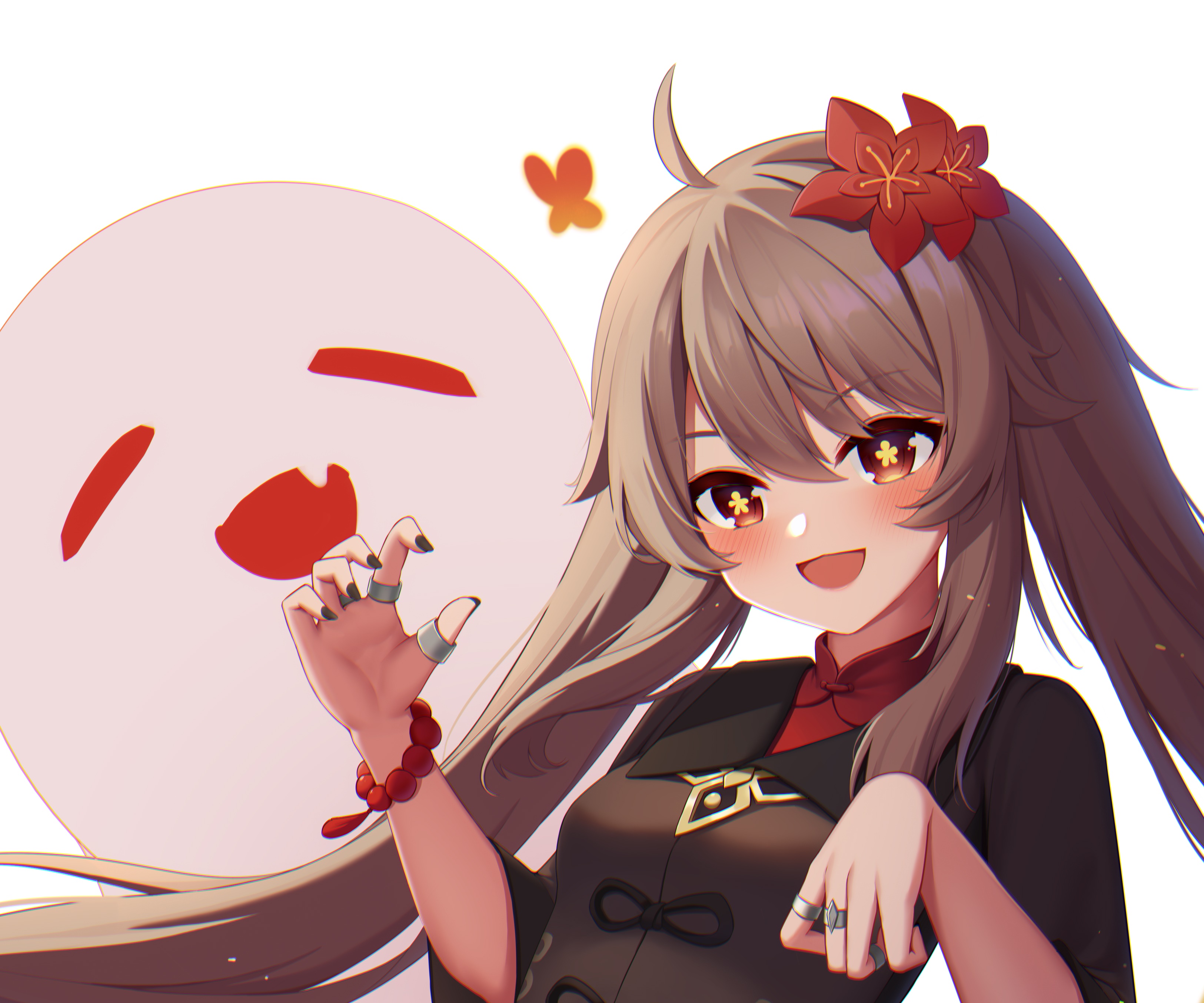 Hu Tao from Genshin Impact with a ghost companion HD Wallpaper
