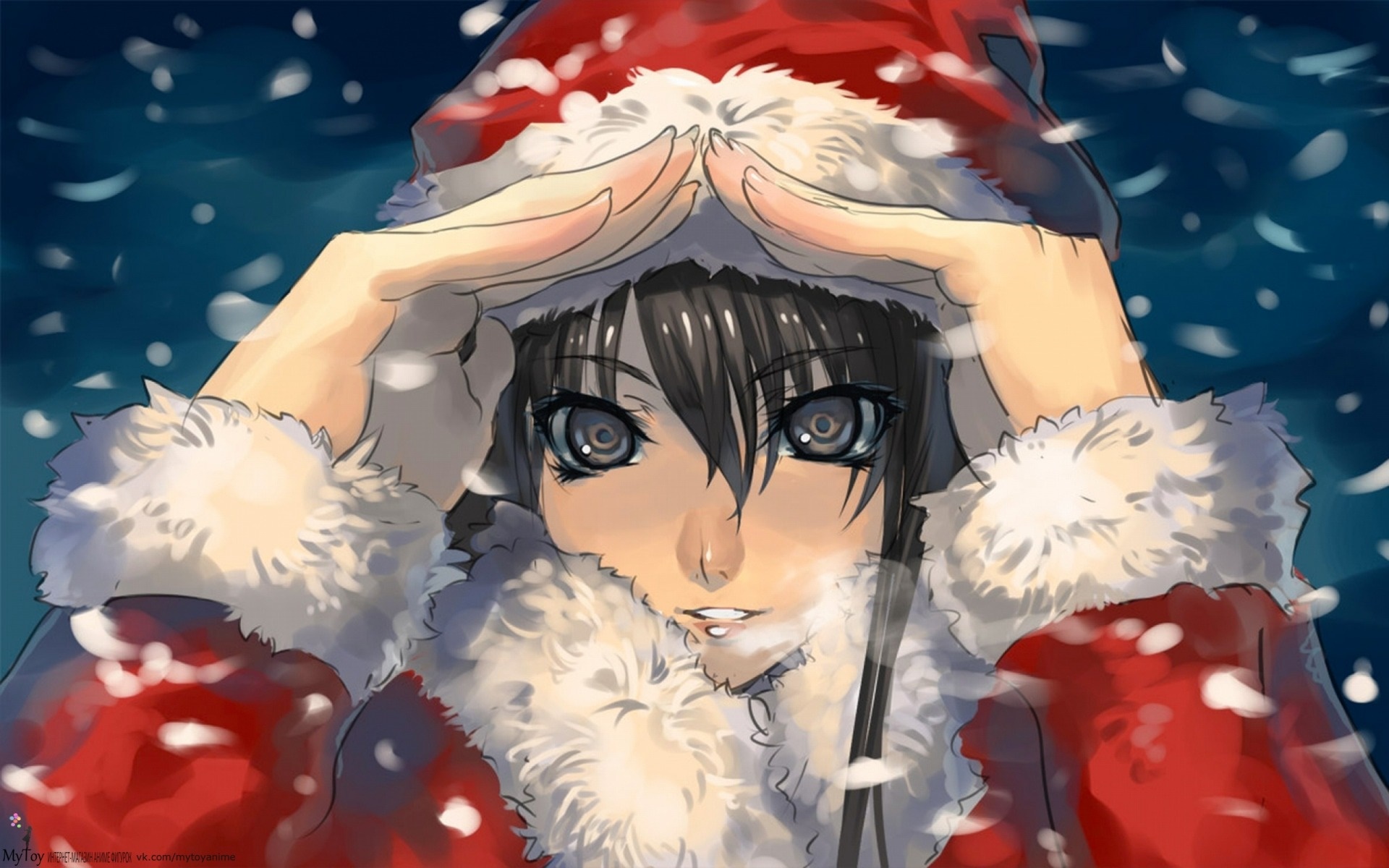 Girl in Santa Costume in Snow HD Wallpaper
