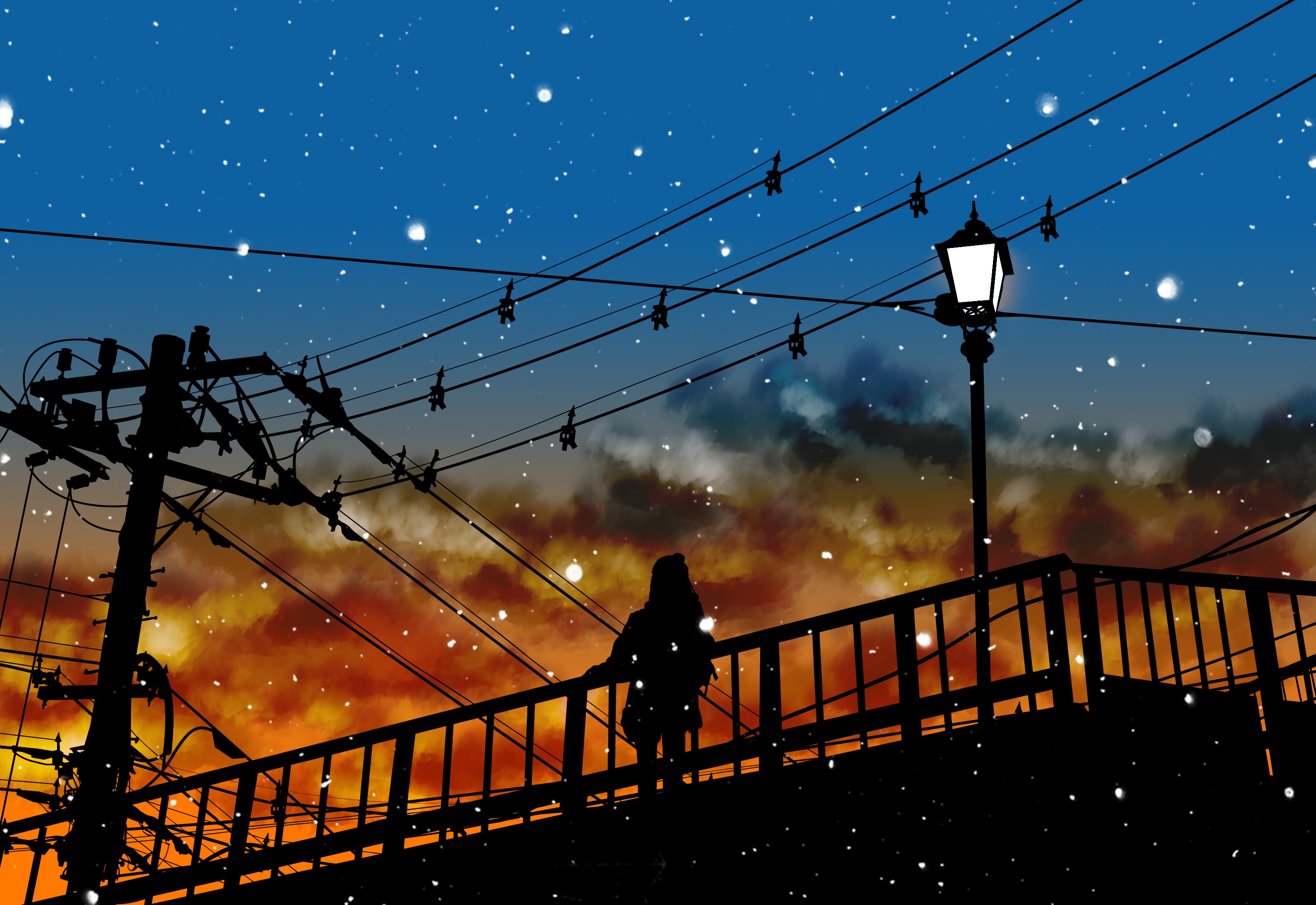 Silhouette of a person on a bridge at sunset with snow HD Wallpaper