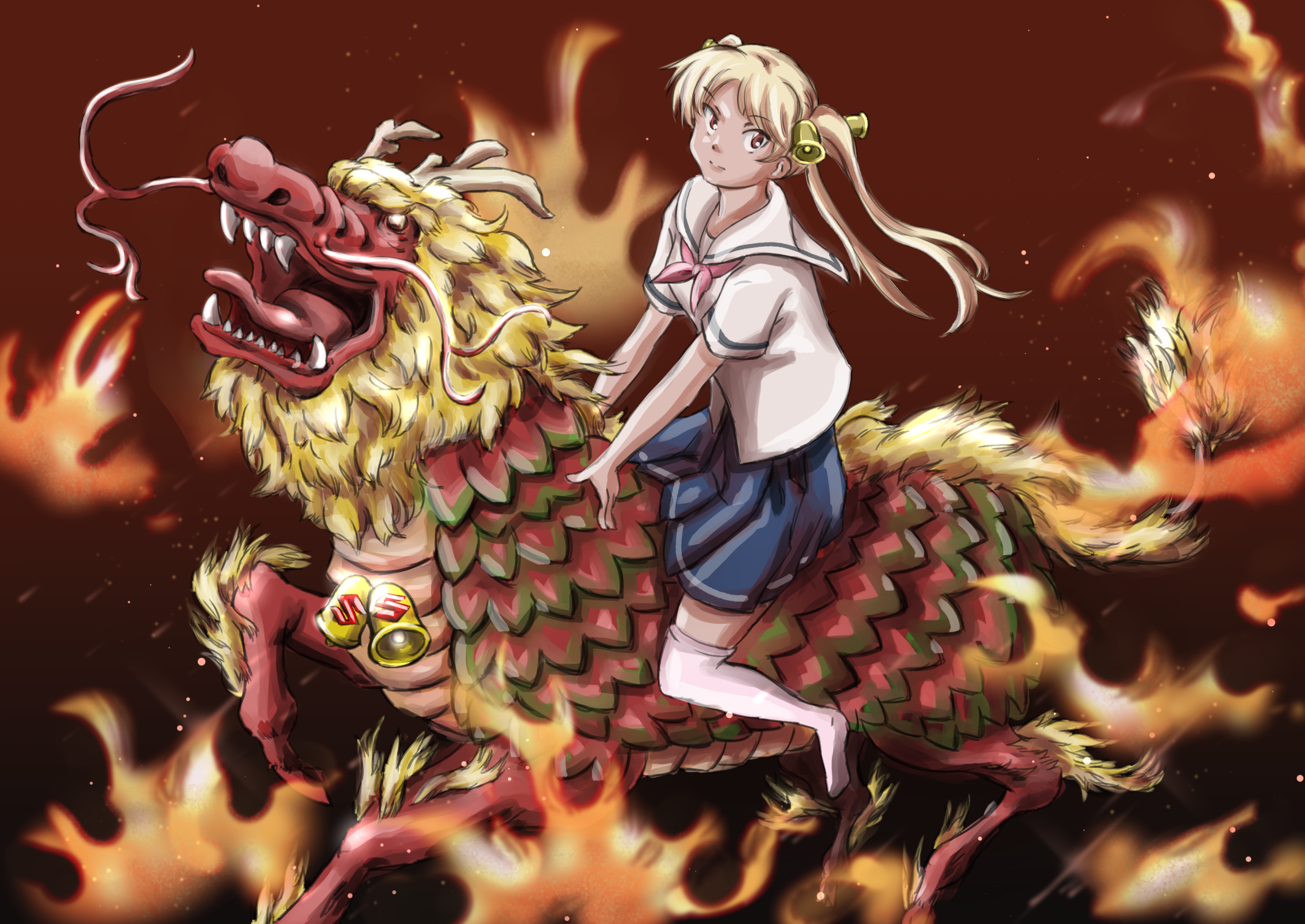 Rin Suzunoki riding a dragon in flames HD Wallpaper