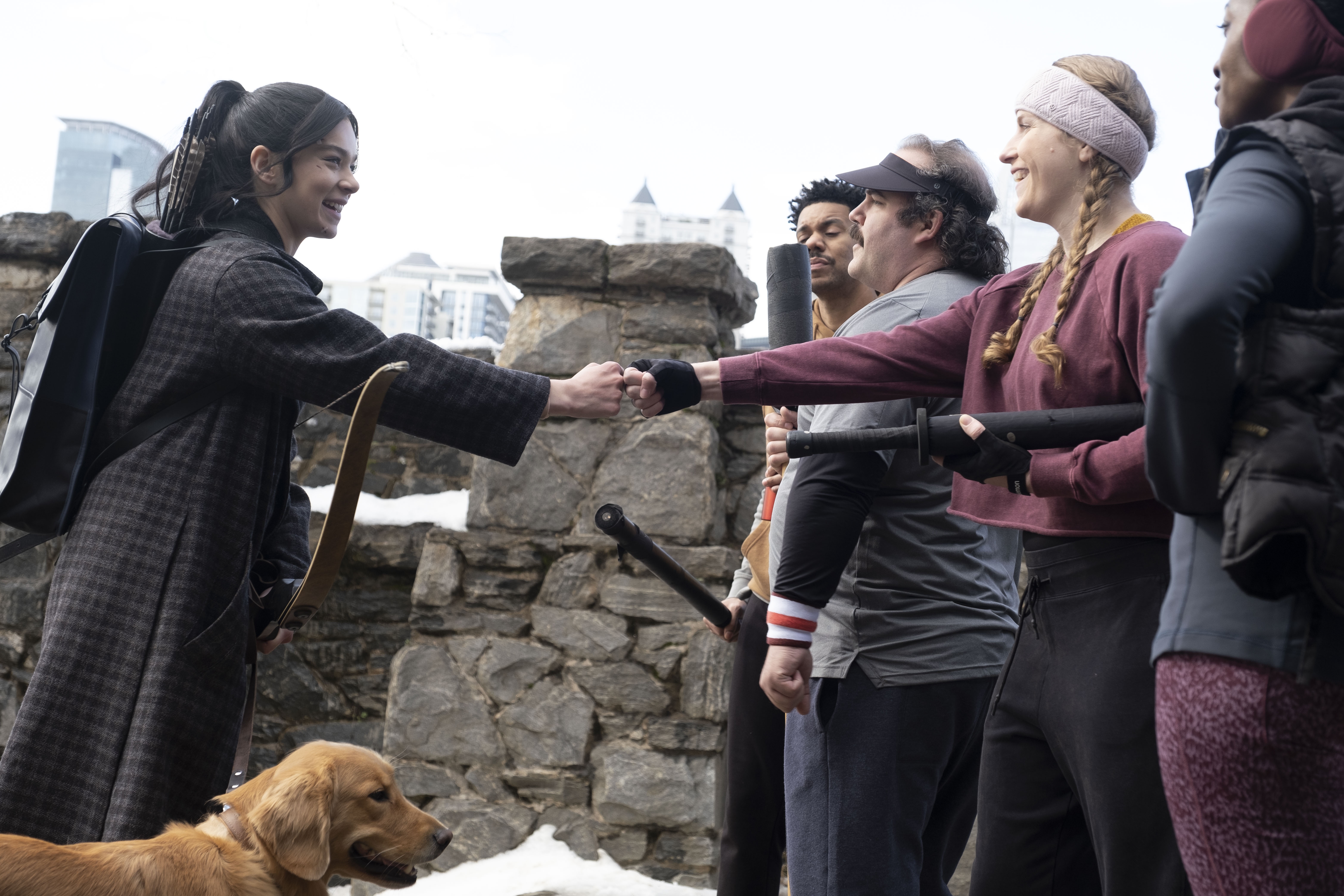 Kate Bishop from Hawkeye with a group and Lucky the Pizza Dog HD Wallpaper