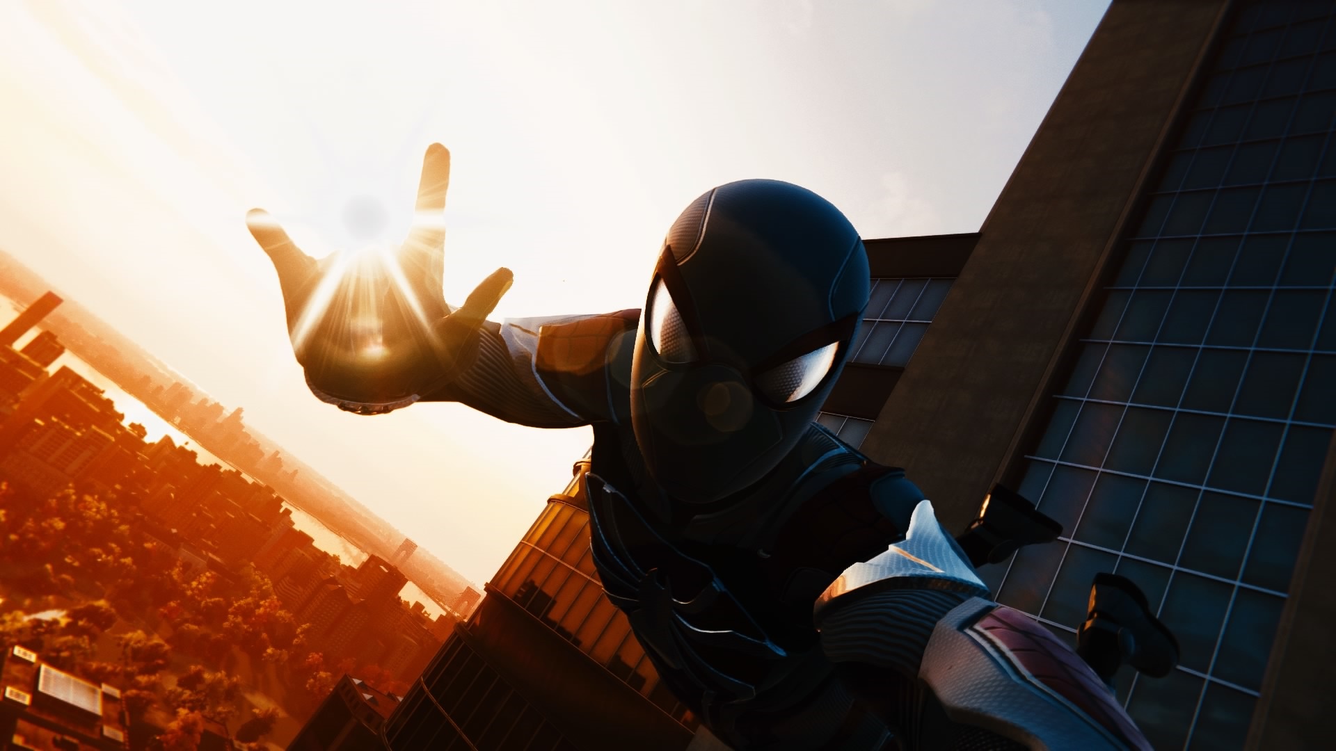 Spider-Man from Spider-Man (PS4) swings through a city HD Wallpaper