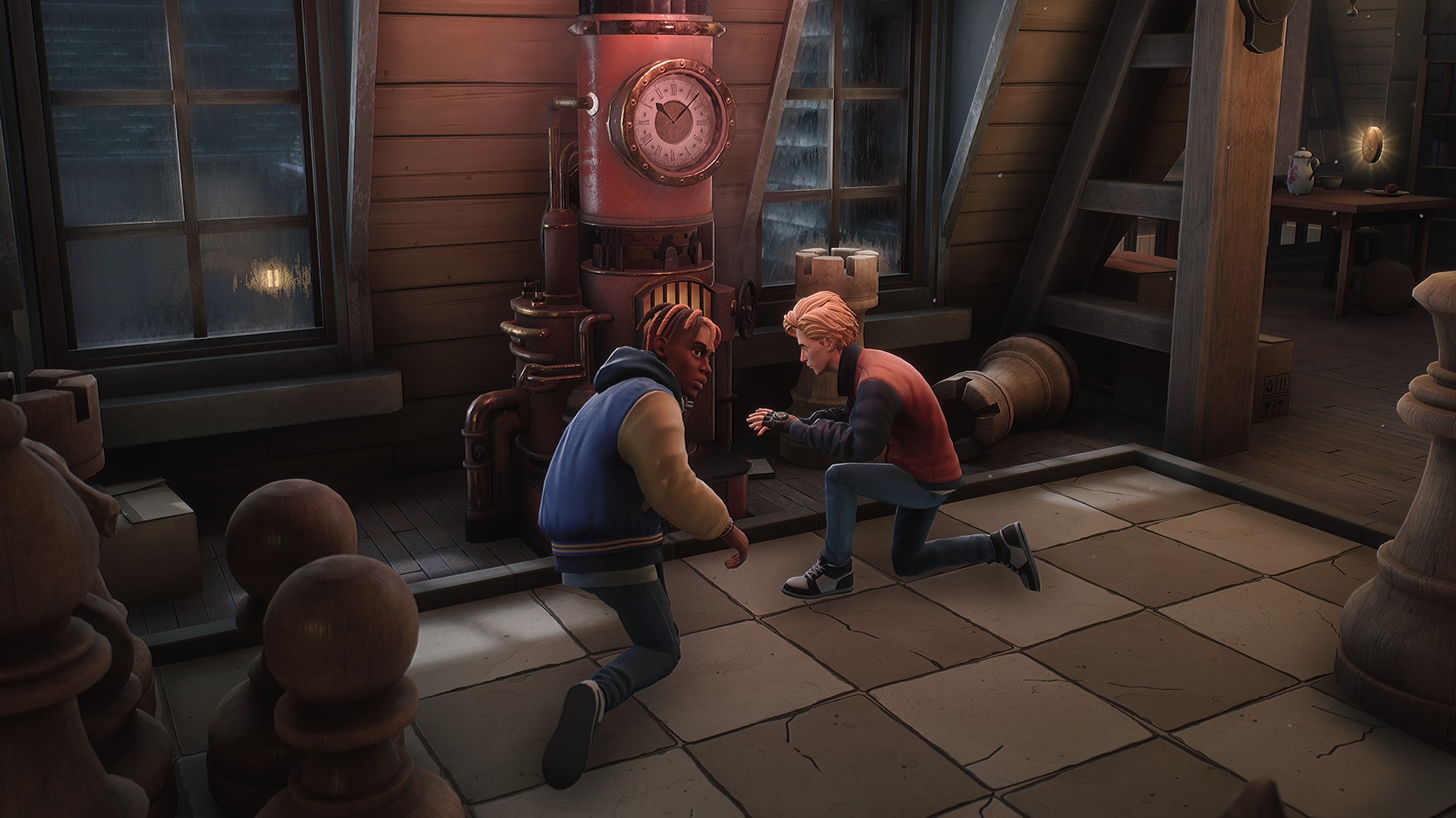 Two young men in a room with giant chess pieces HD Wallpaper