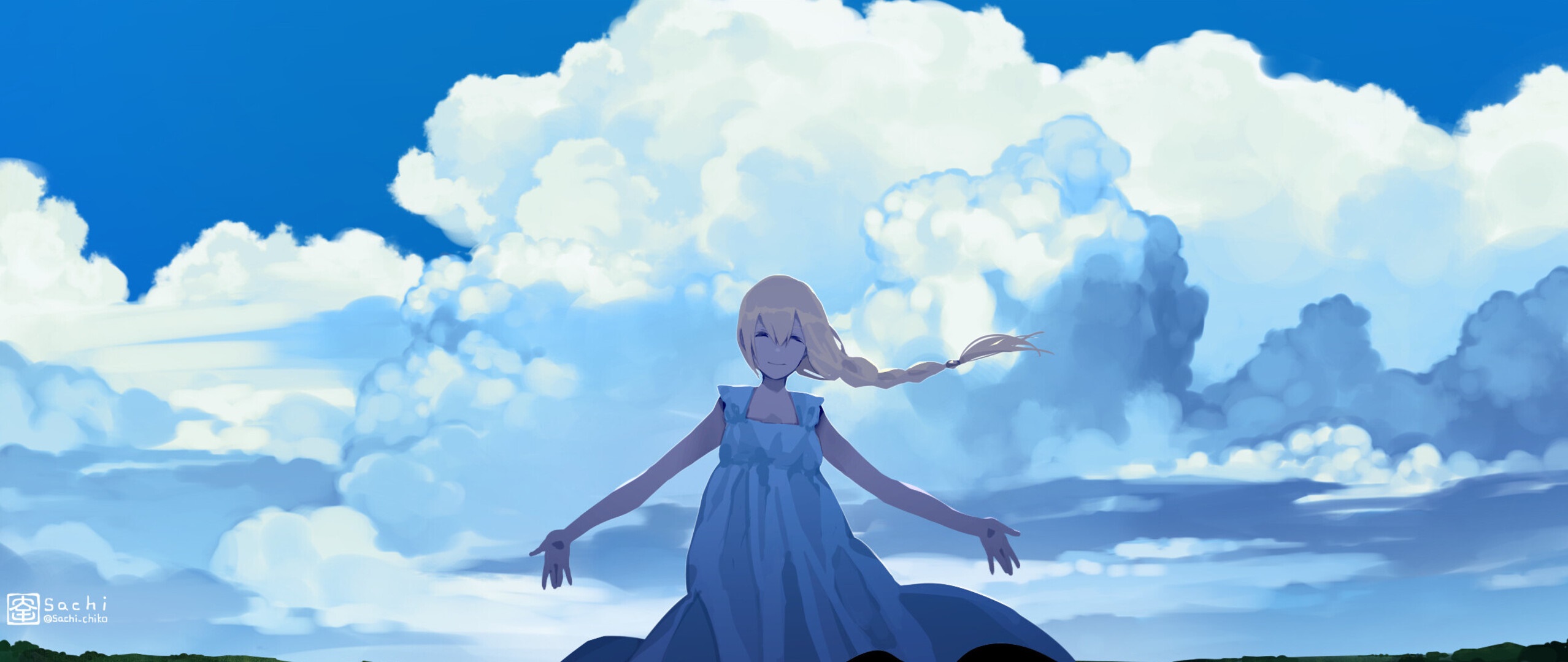 Girl with blonde hair in a blue dress under clouds HD Wallpaper