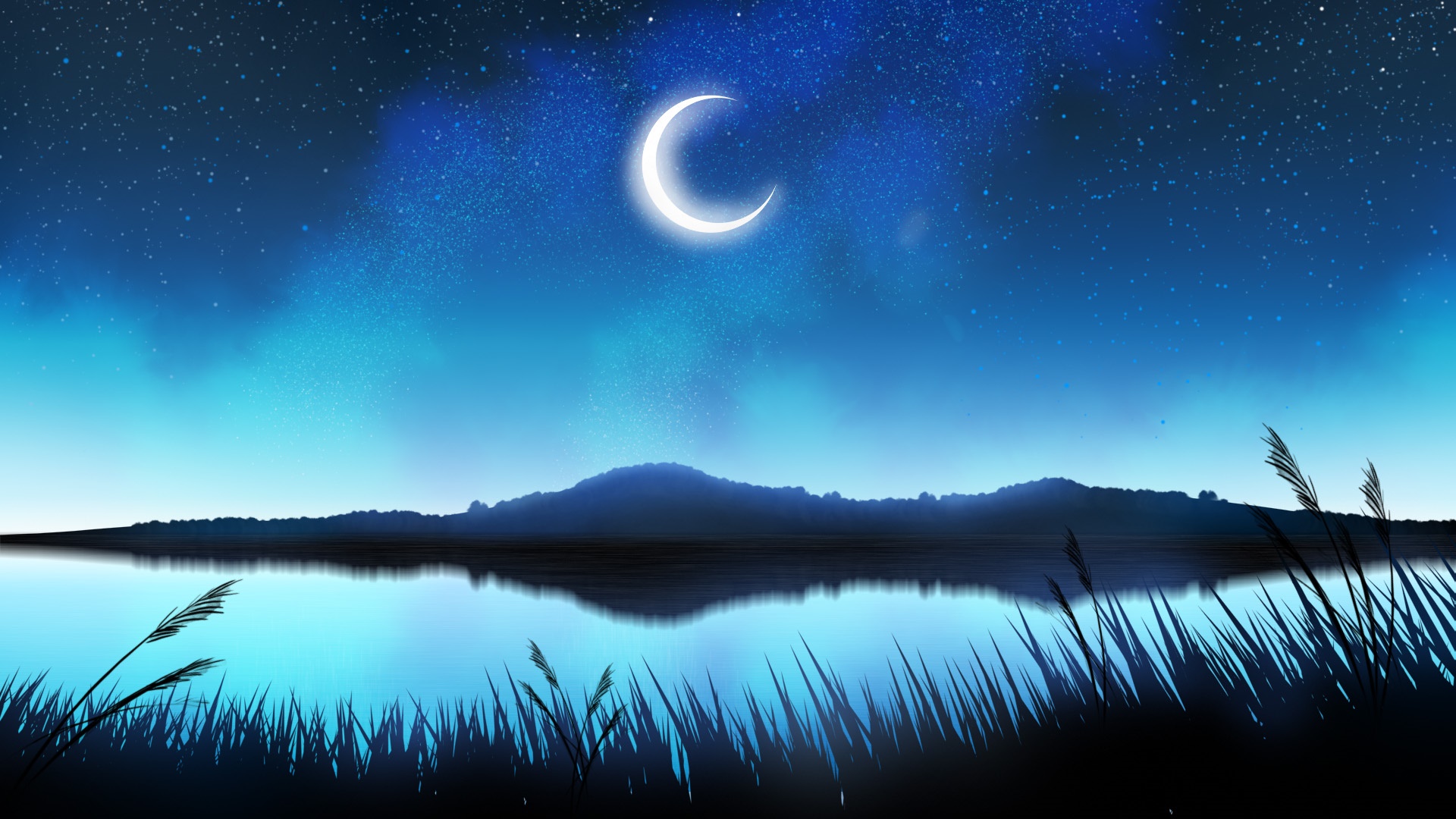 Crescent moon over a lake at night HD Wallpaper