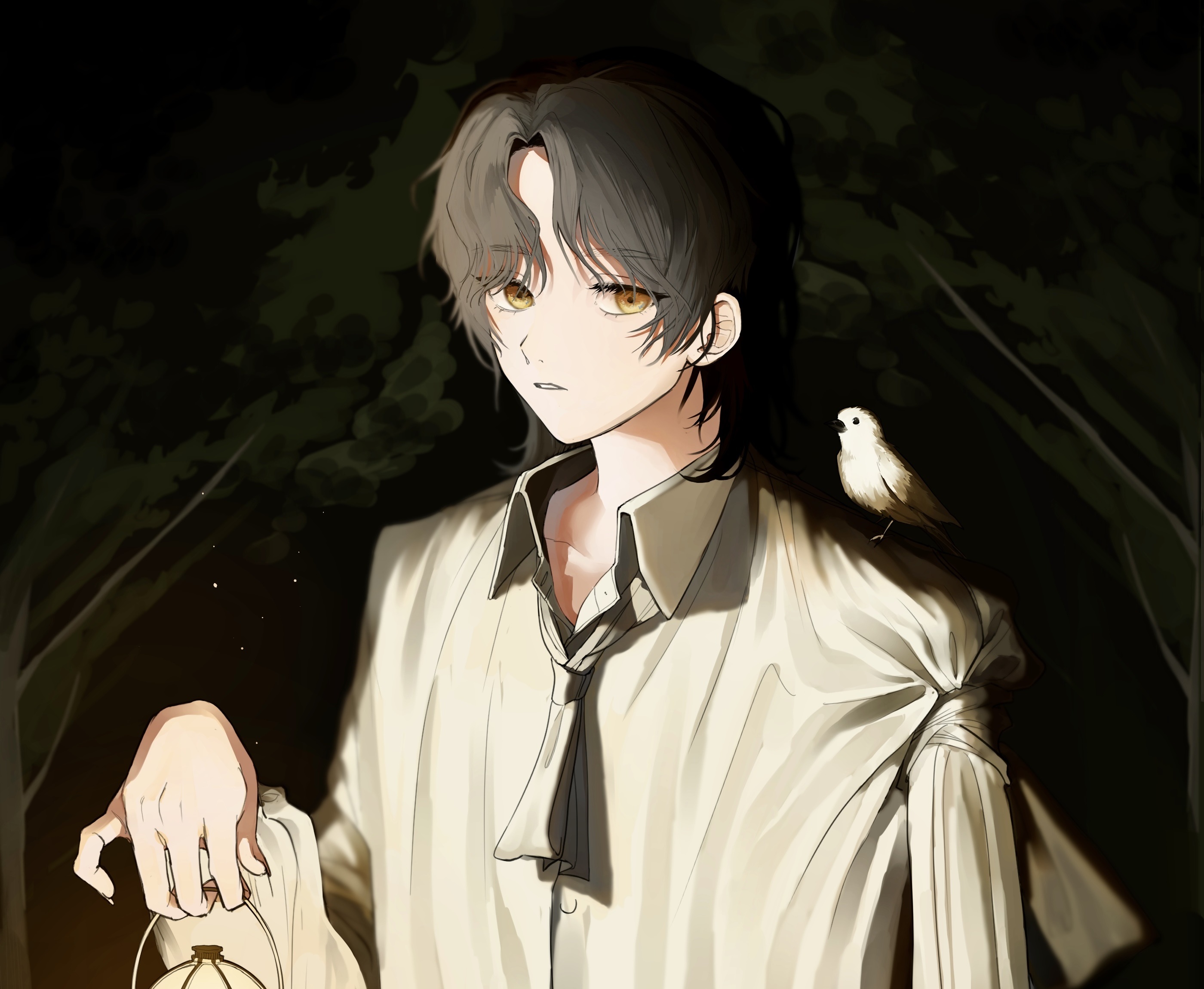 Anime boy with bird and lantern in forest HD Wallpaper