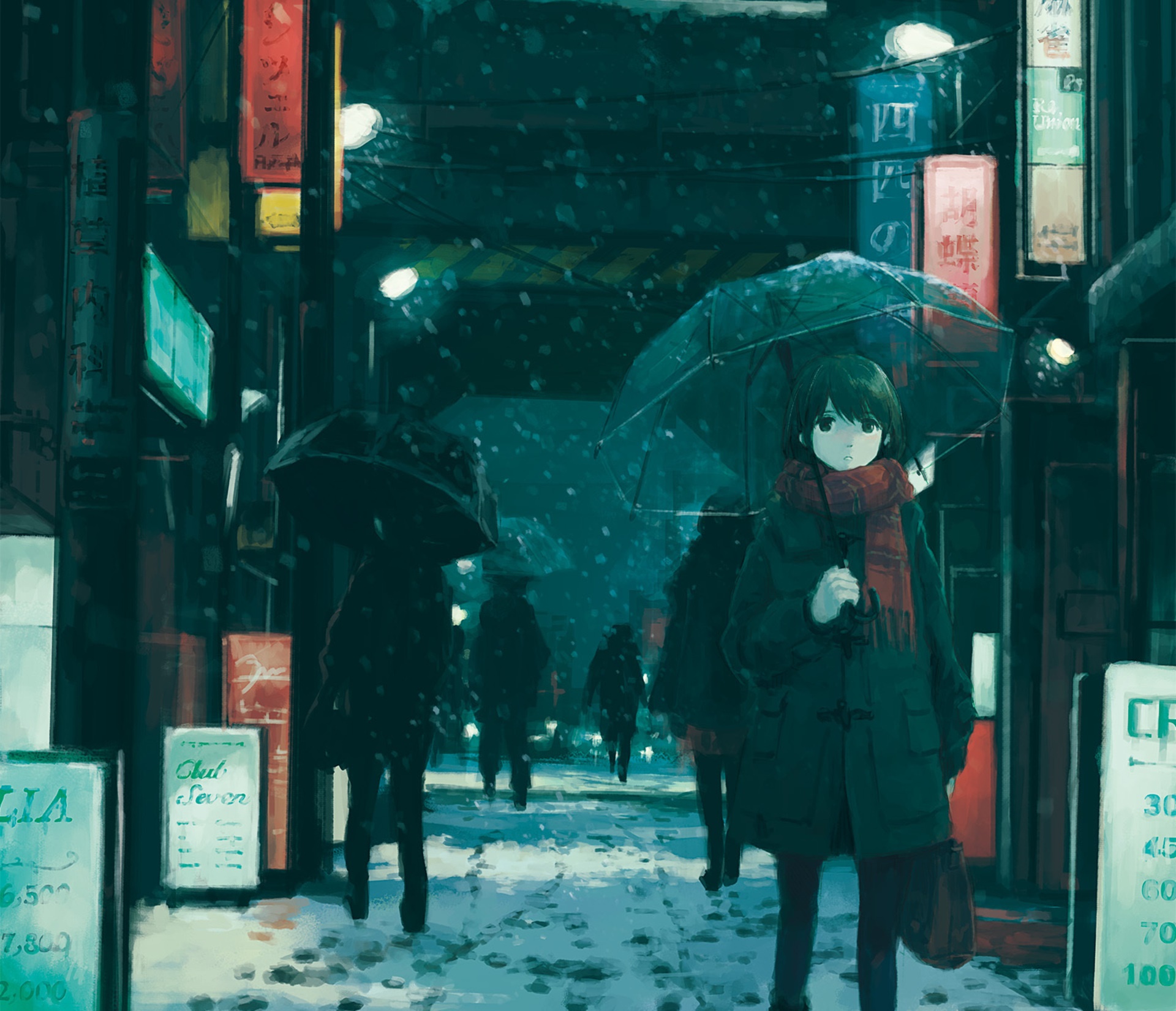Girl with umbrella in snowy city at night HD Wallpaper