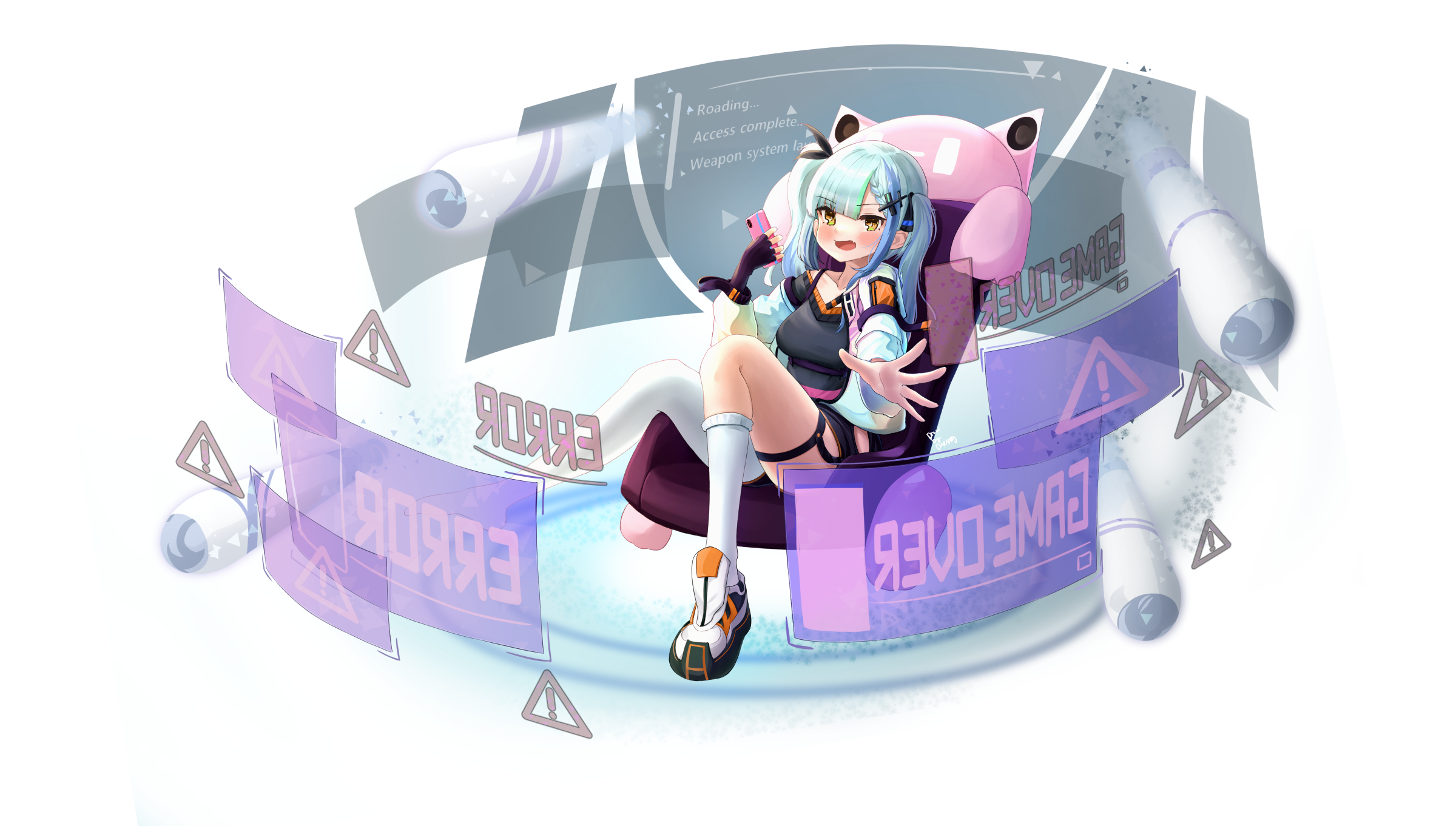 Girl in Chair with Game Over and Error Screens HD Wallpaper