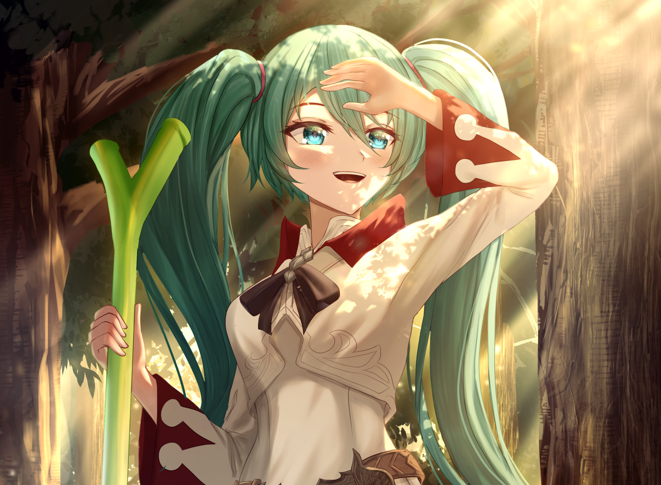 Hatsune Miku holding a leek in a forest HD Wallpaper