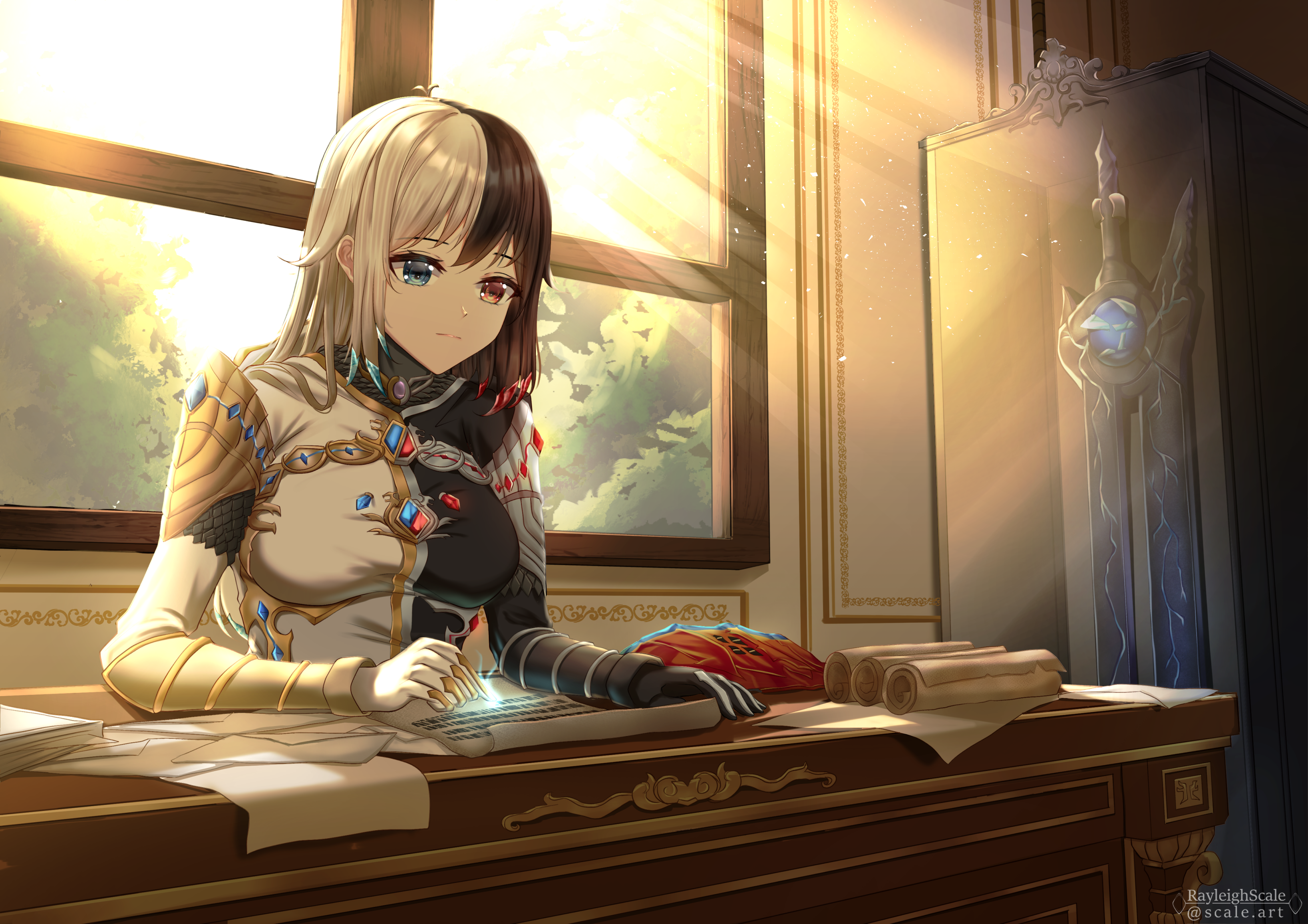 Girl with Two-Toned Hair and Heterochromia at a Desk HD Wallpaper