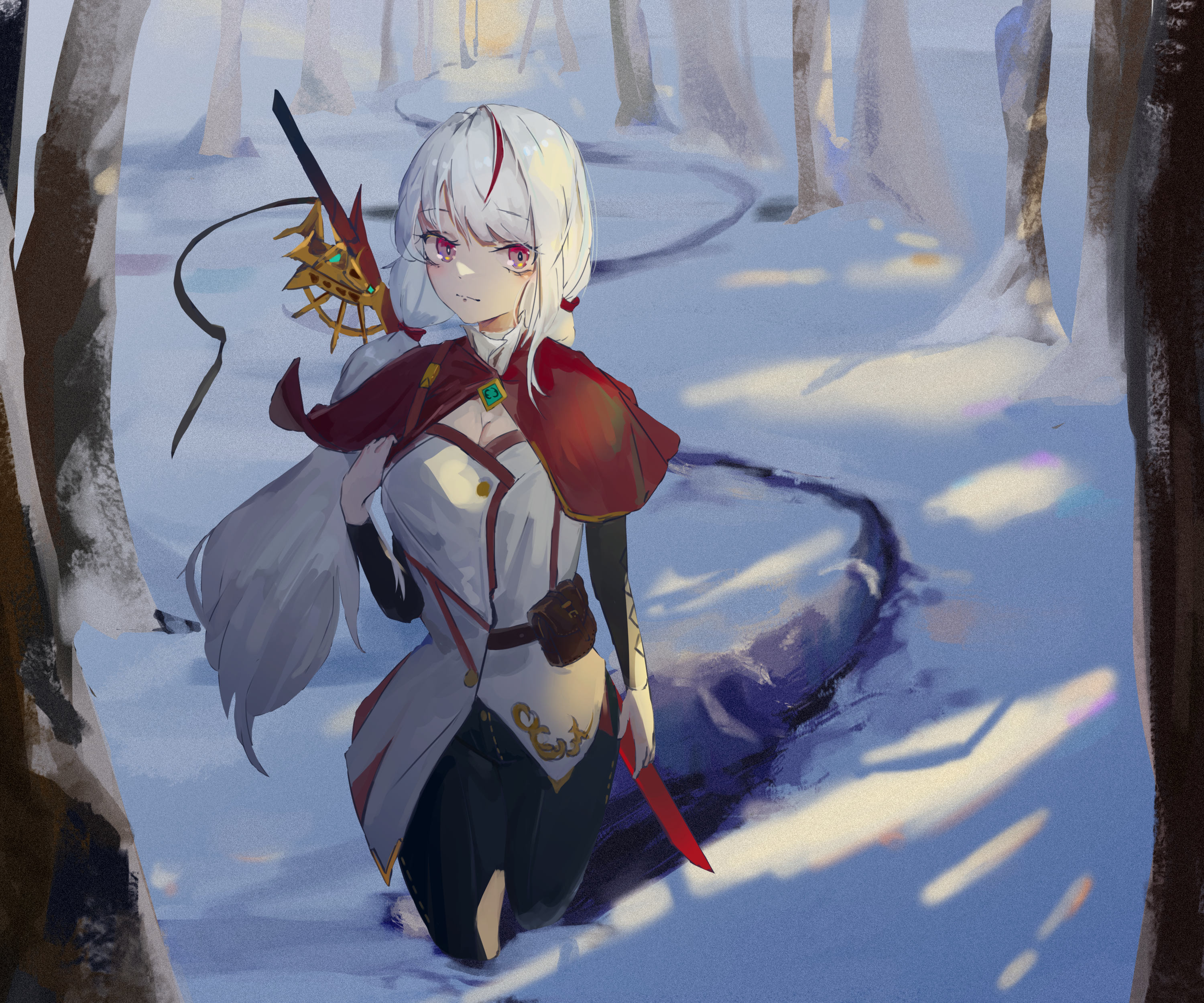 Girl with white hair and red accents in a snowy forest HD Wallpaper