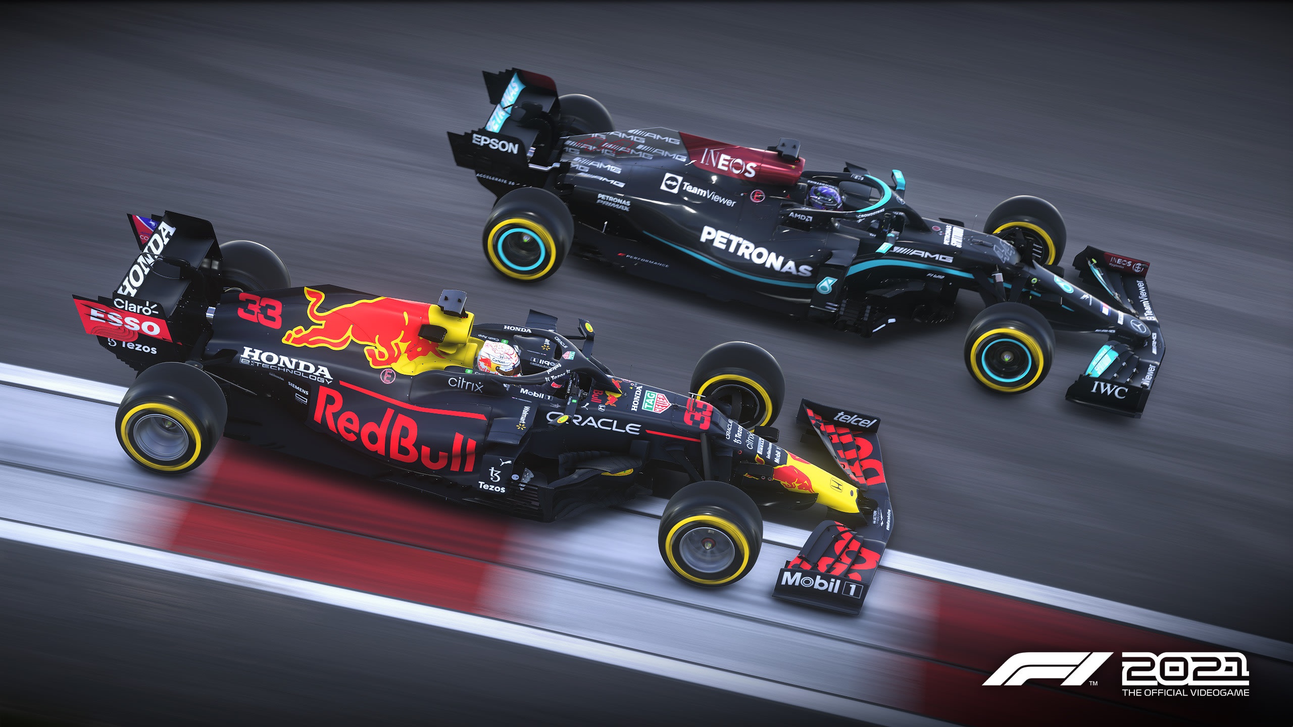 Red Bull and Mercedes F1 cars racing in F1 2021 HD Wallpaper