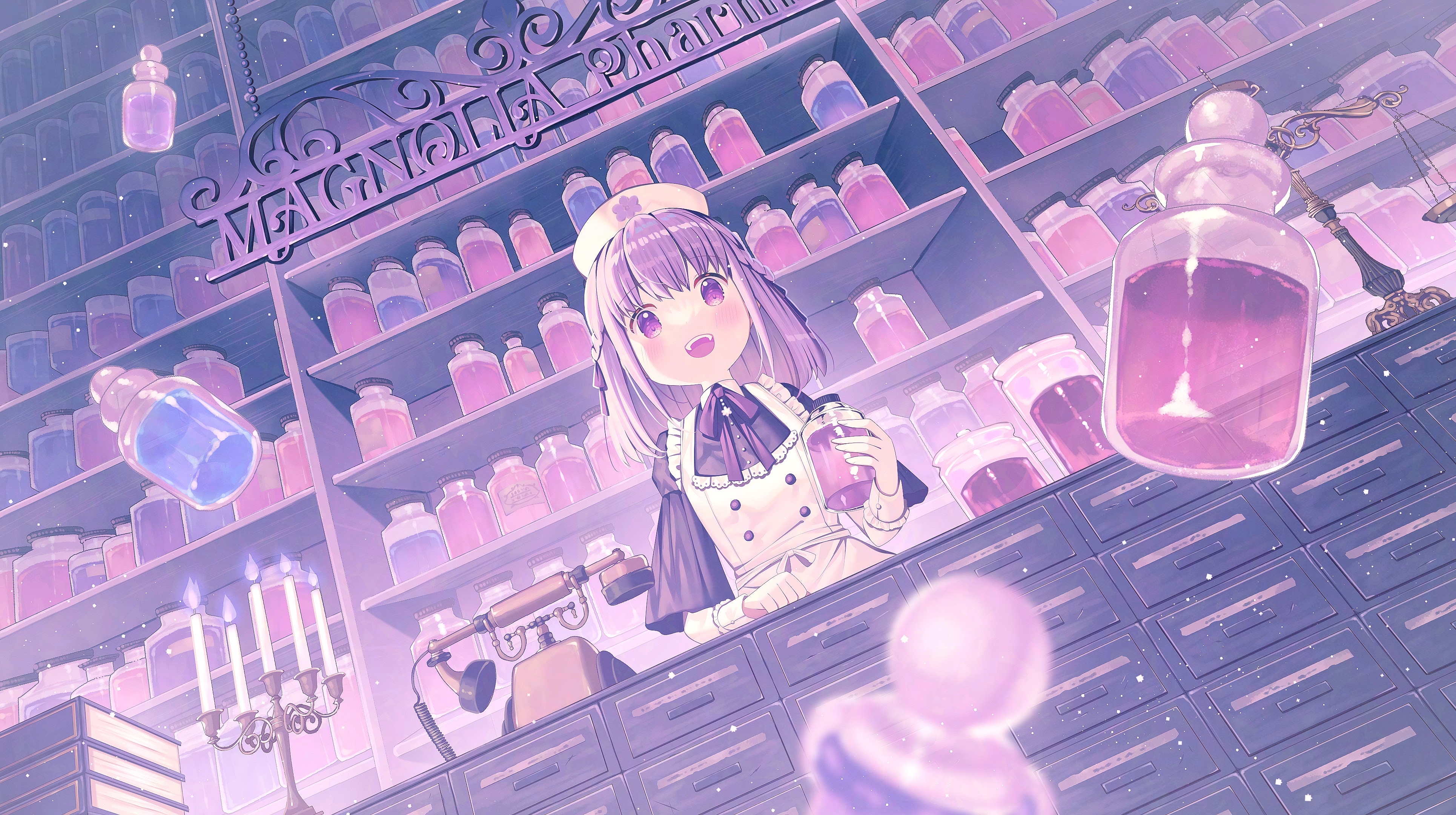Girl in a pharmacy with potions HD Wallpaper