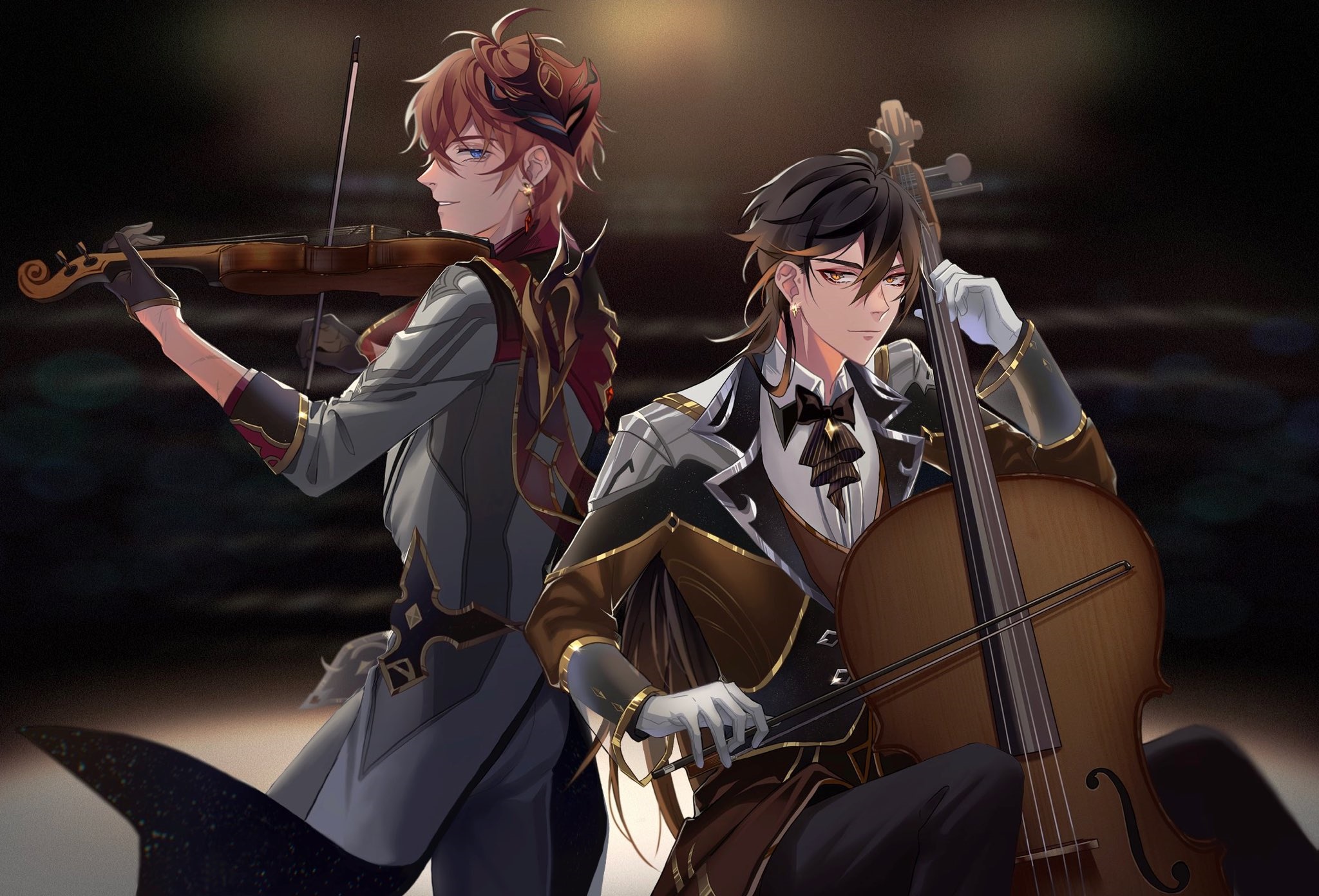 Tartaglia and Zhongli from Genshin Impact playing instruments HD Wallpaper