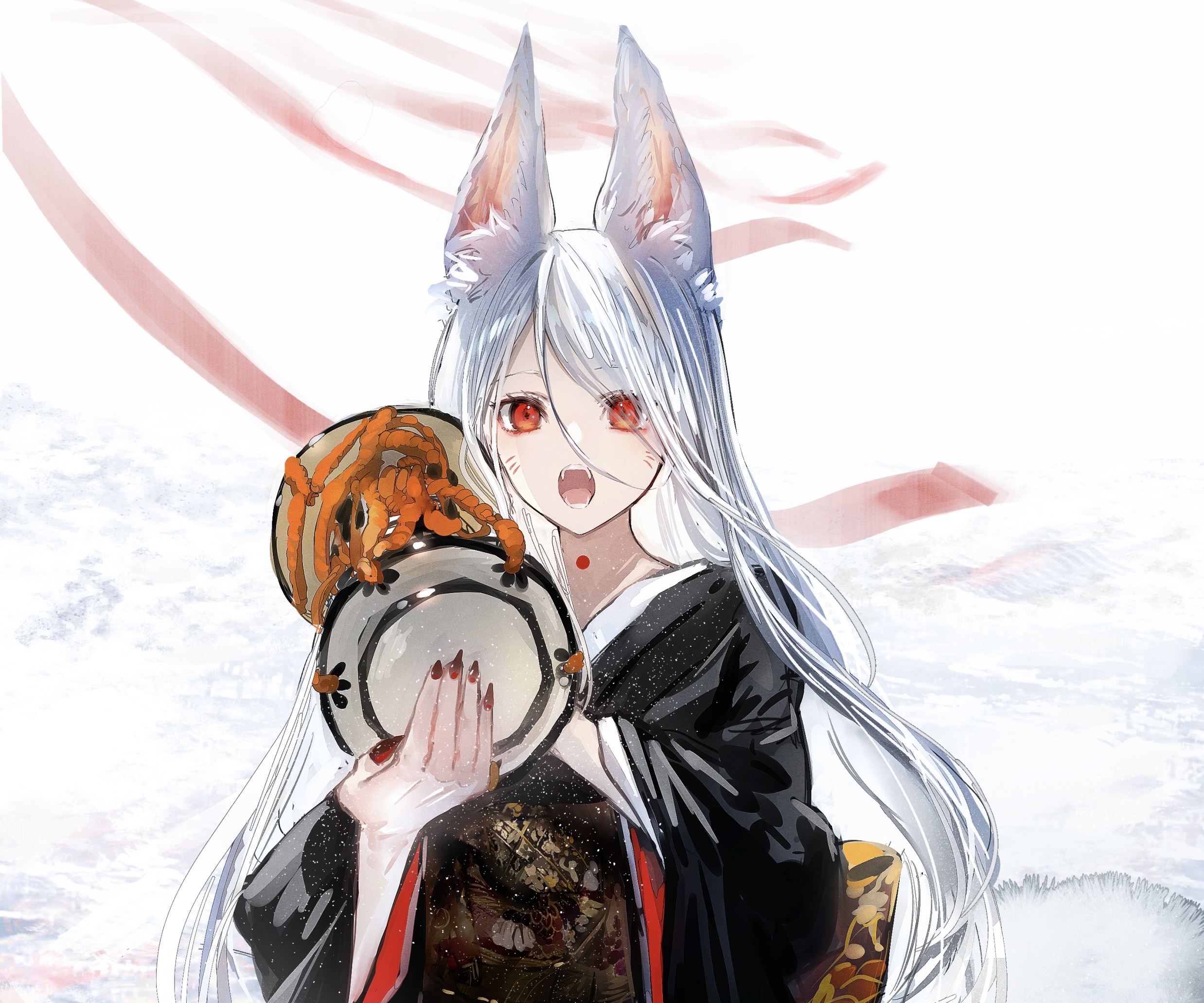 Girl with Fox Ears in Kimono Holding a Plate HD Wallpaper