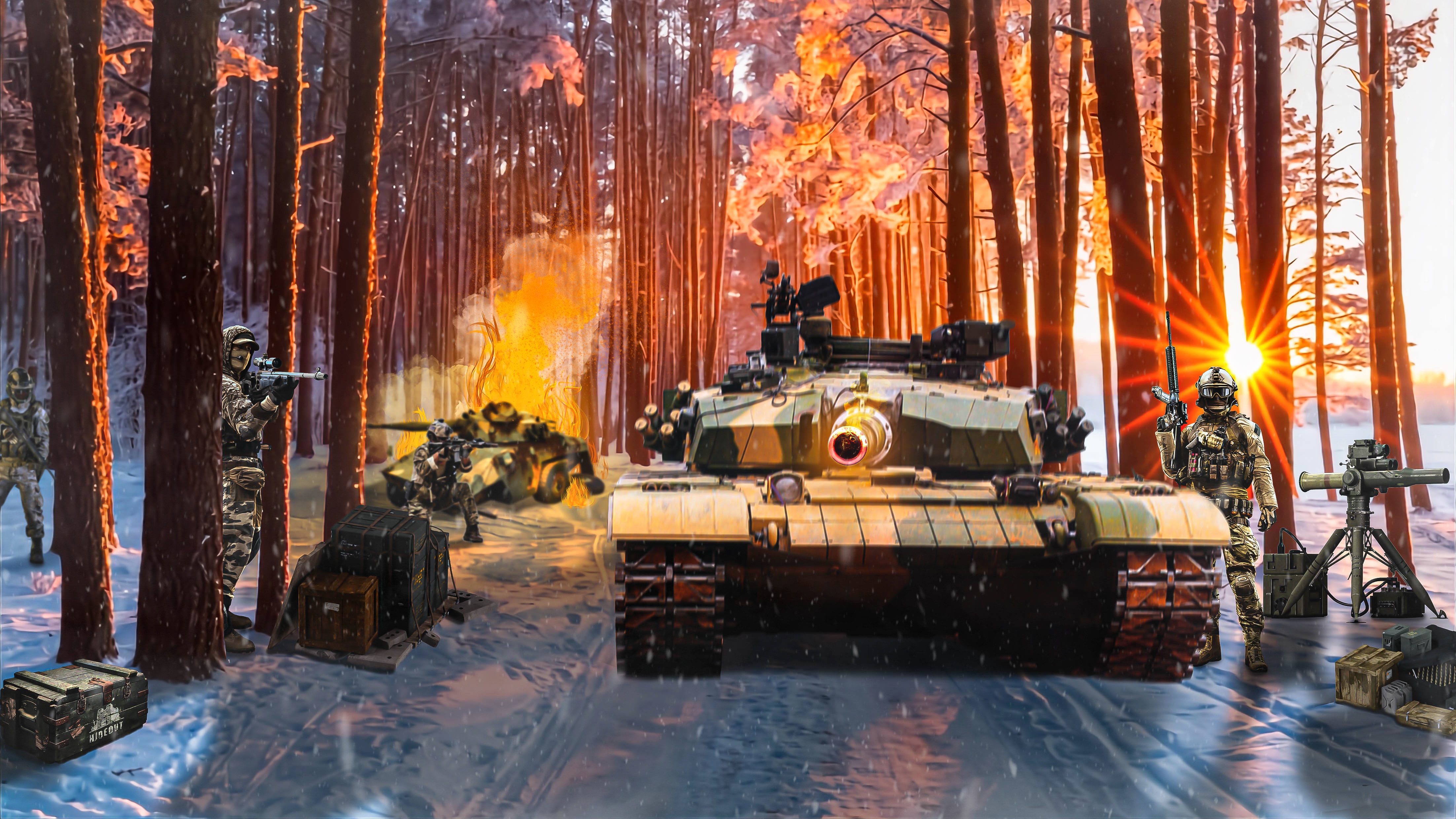Tank and soldiers in a snowy forest at sunset HD Wallpaper