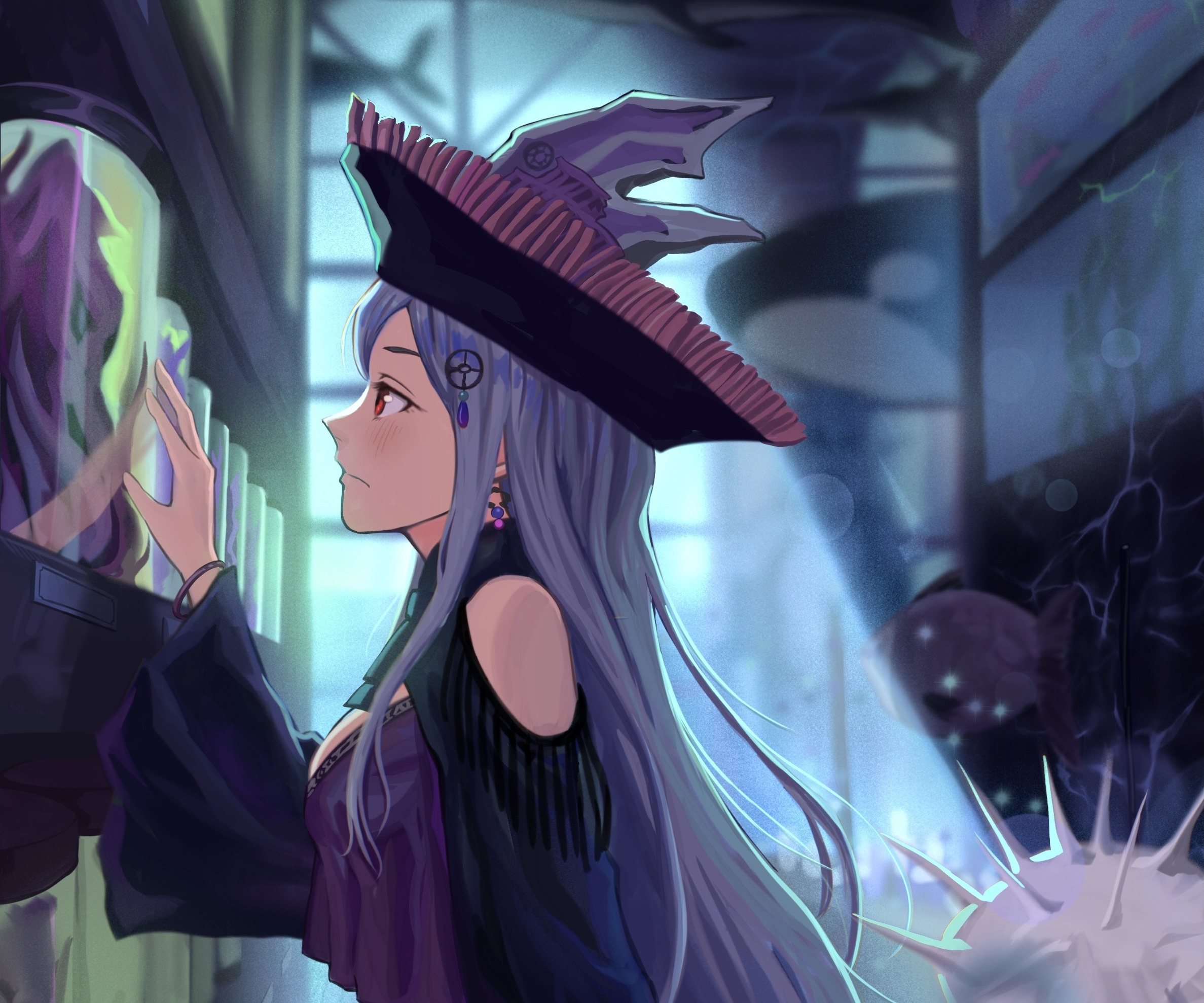 Skadi from Arknights looking into a specimen jar HD Wallpaper