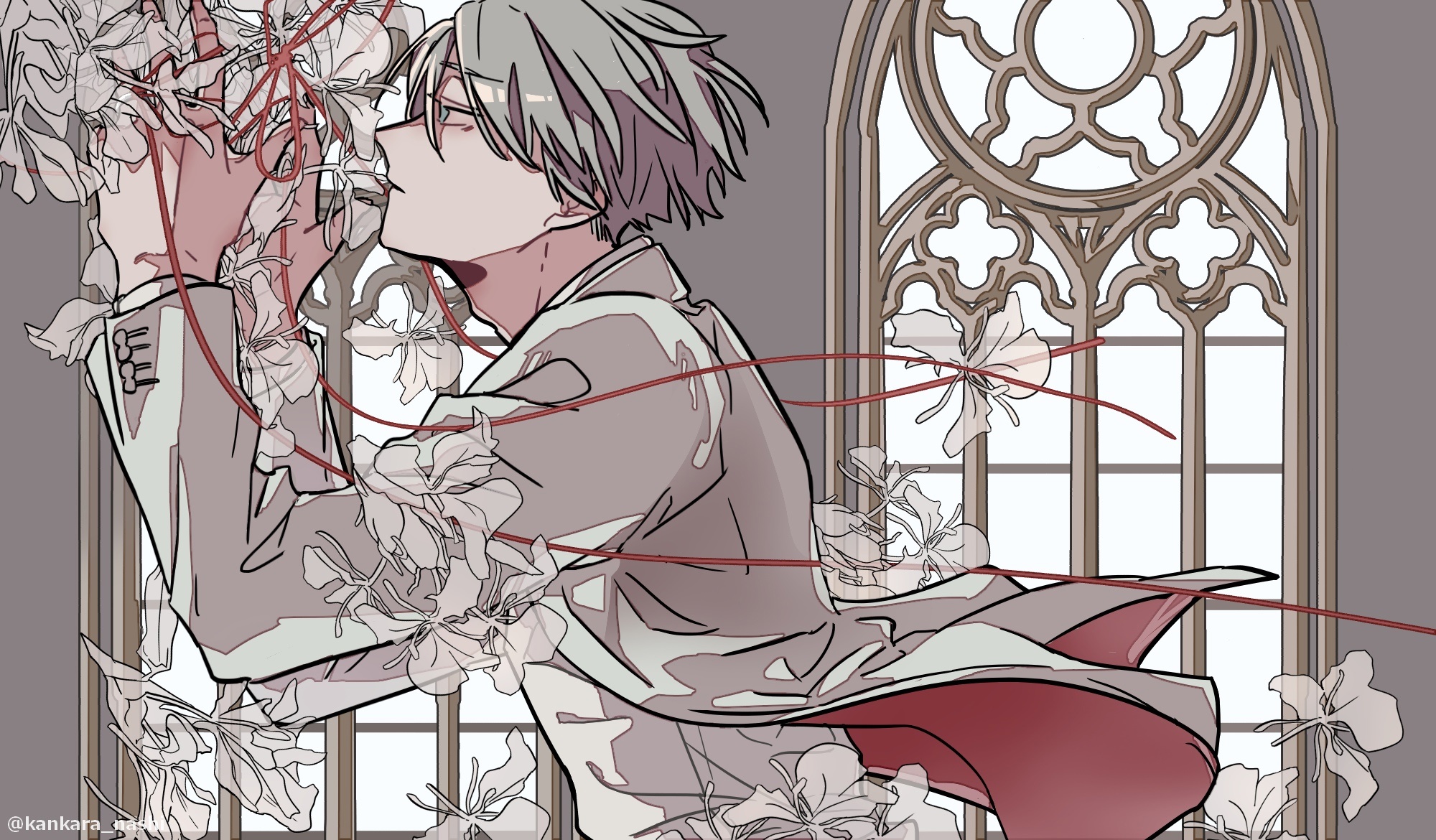 Anime boy with flowers and gothic window HD Wallpaper