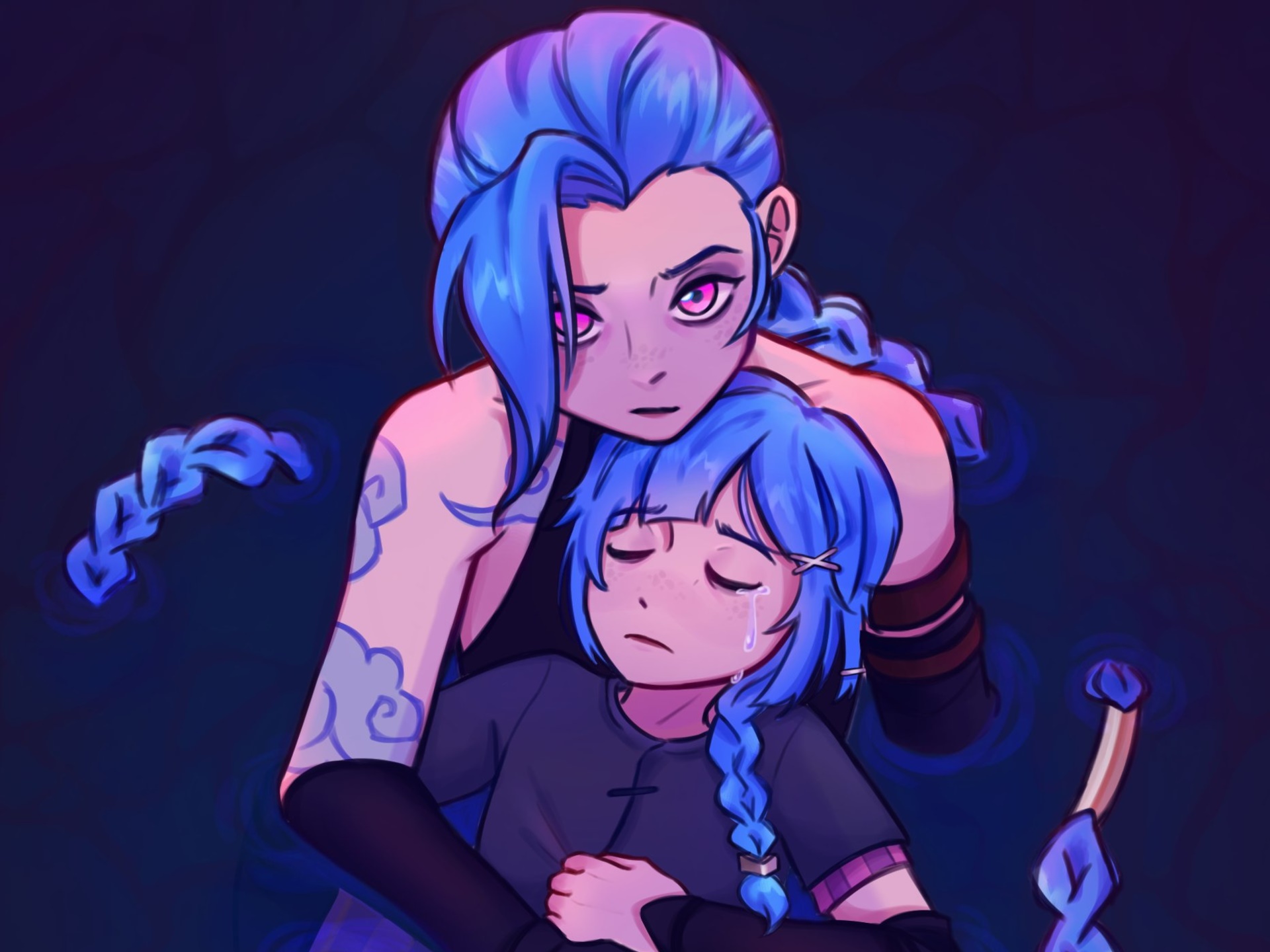 Jinx from Arcane holding a crying child HD Wallpaper