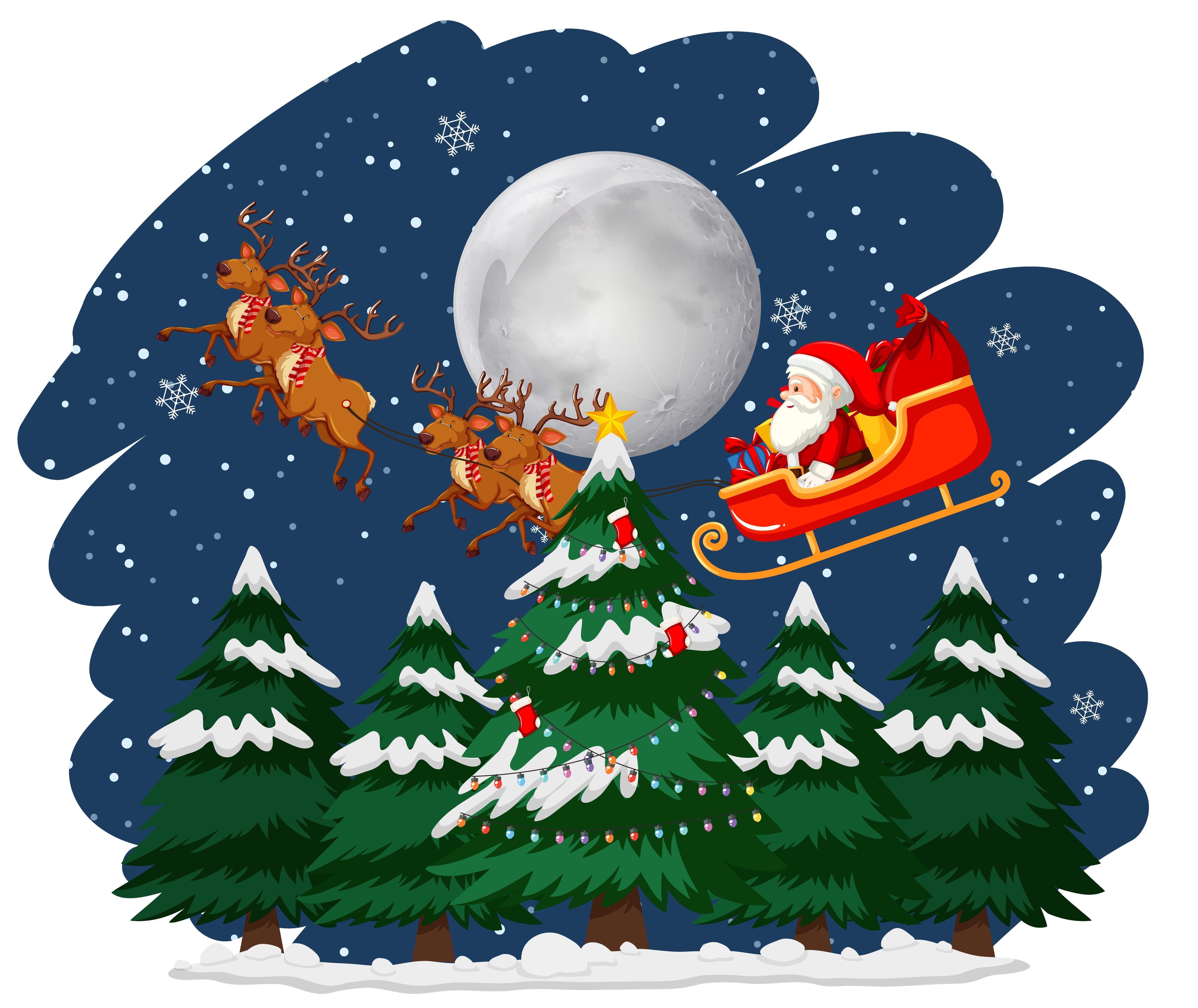 Santa Claus in Sleigh with Reindeer and Christmas Trees HD Wallpaper