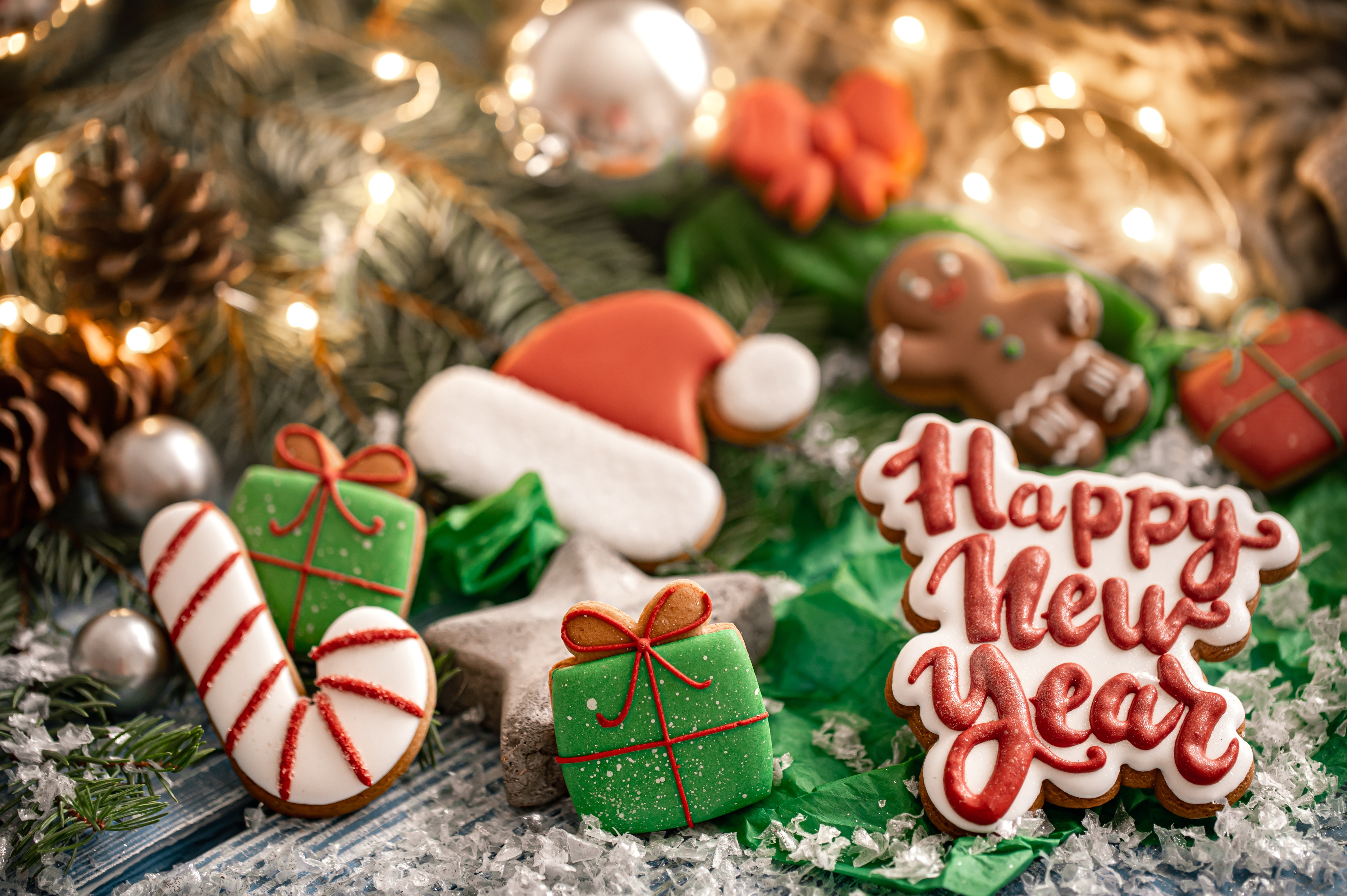Happy New Year Cookies with Christmas Decorations HD Wallpaper