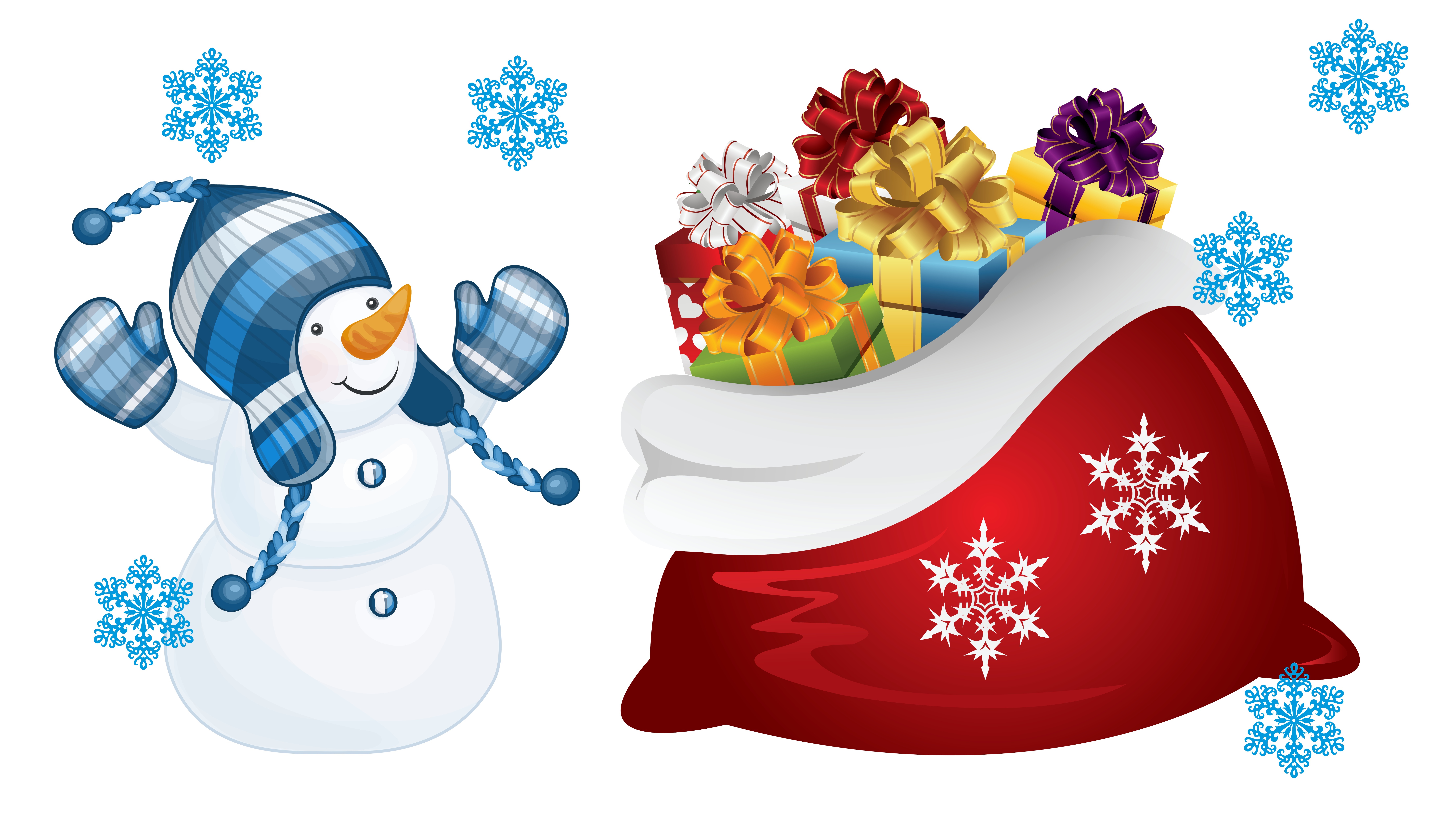 Snowman with Santa's sack full of gifts and snowflakes HD Wallpaper