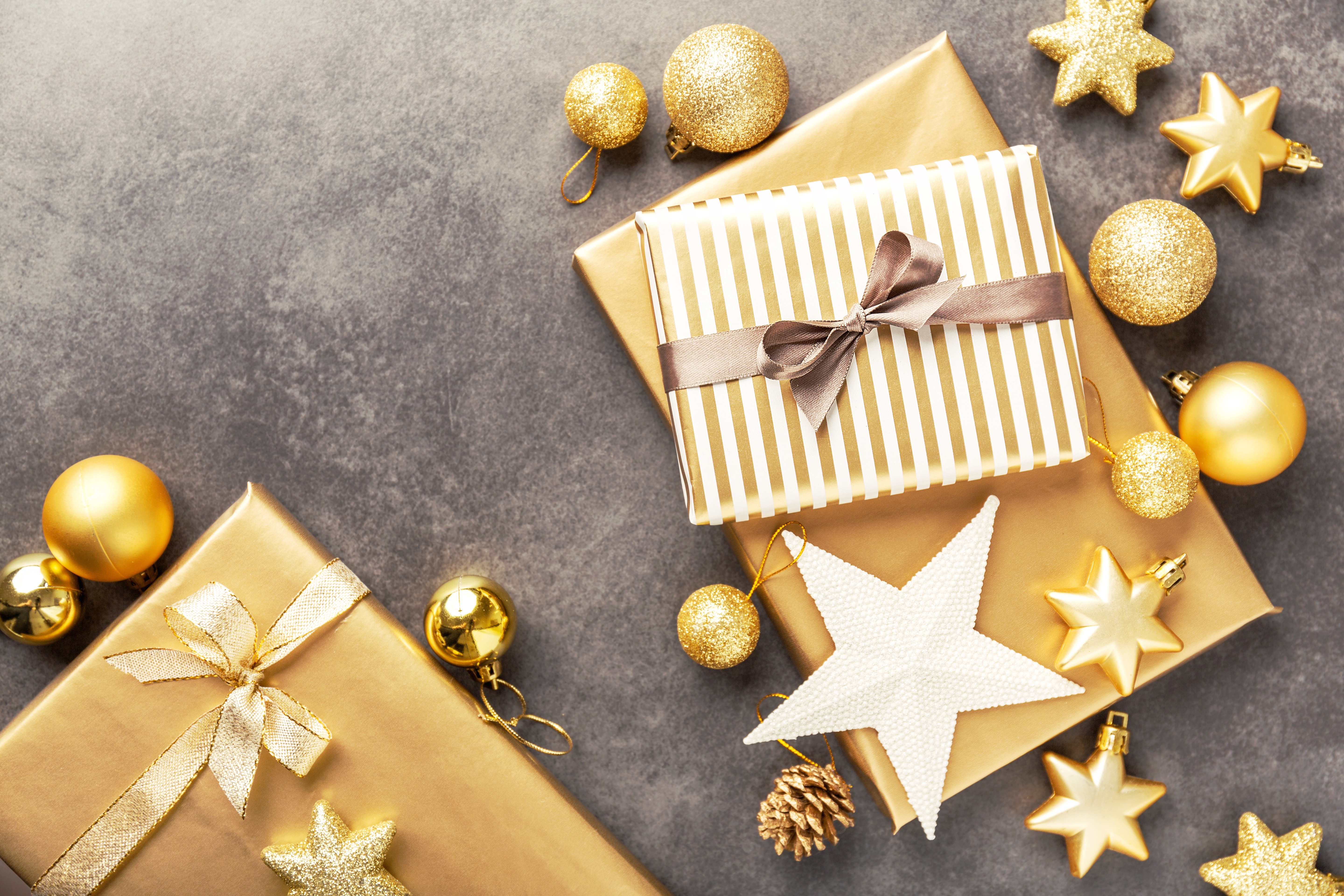Gold Christmas Gifts and Ornaments HD Wallpaper