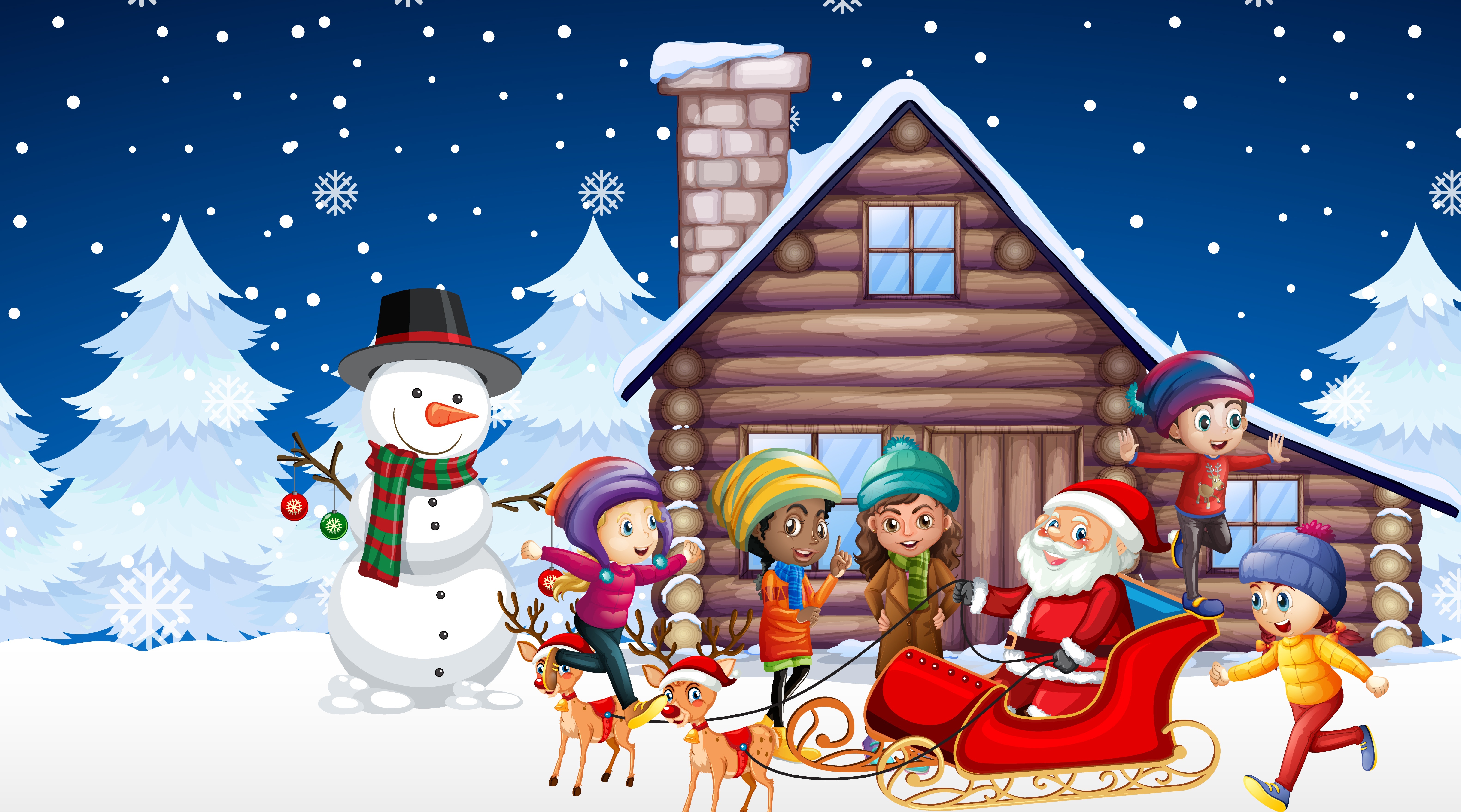 Christmas scene with Santa, children, snowman, and sleigh HD Wallpaper