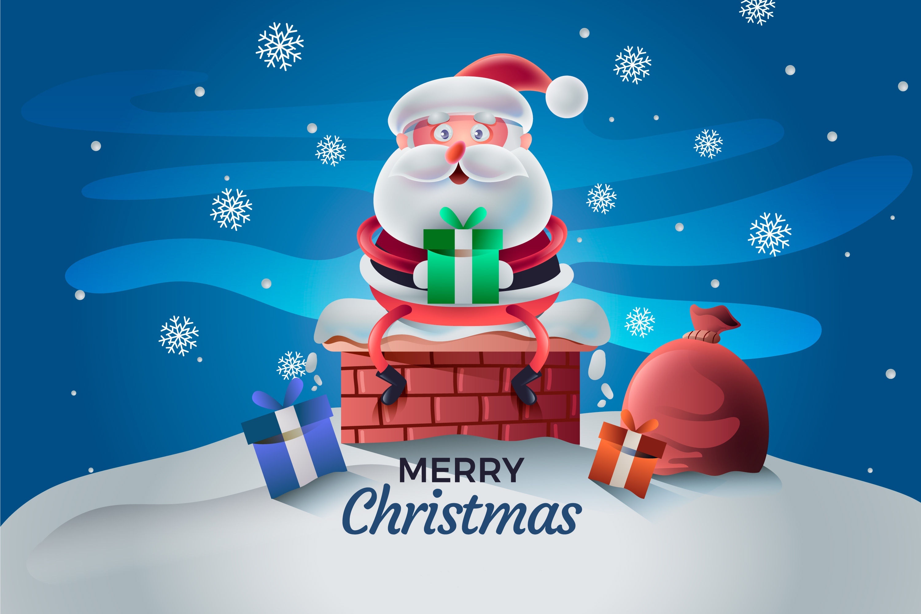 Santa Claus sitting on a chimney with gifts HD Wallpaper
