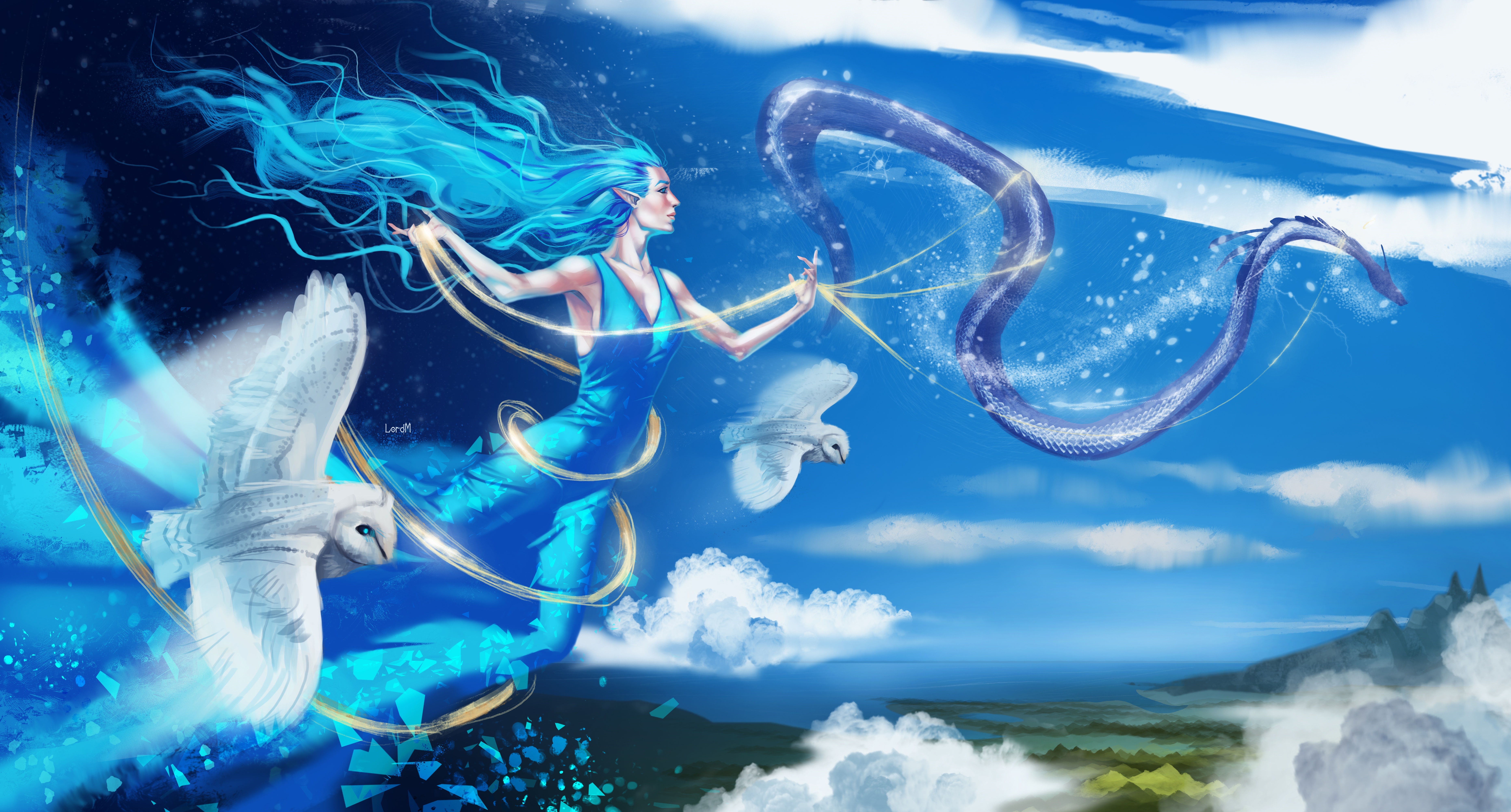 Fantasy Sorceress with Owl and Dragon 4K HD Wallpaper
