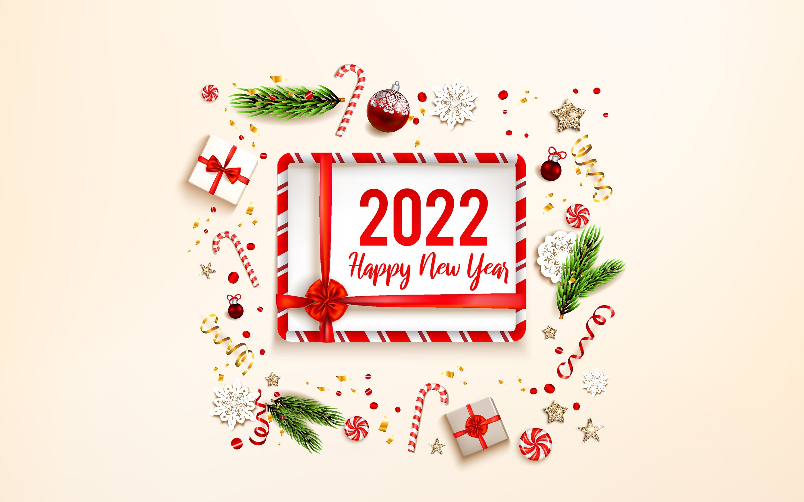 Happy New Year 2022 with Christmas Decorations HD Wallpaper